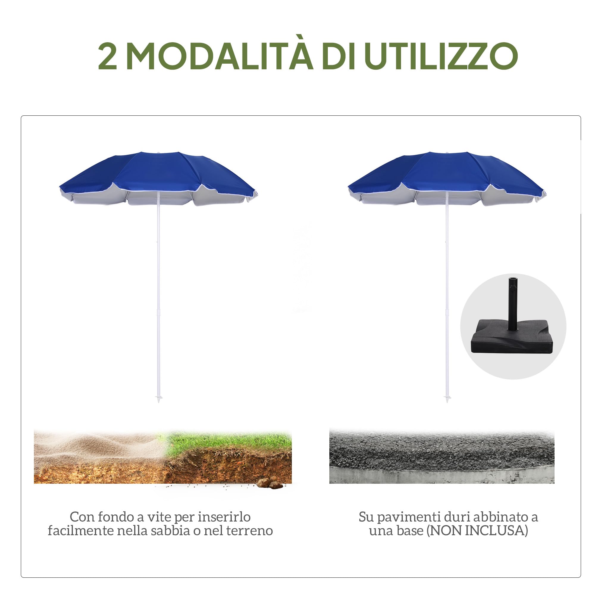 Outsunny Ombrellone da Spiaggia Ø1.6x2 m con Tettuccio Reclinabile, Ombrellone da Spiaggia Portatile con 8 Stecche, Borsa da trasporto e Design a 3 Sezioni in Metallo e Poliestere, Protezione UV, Blu