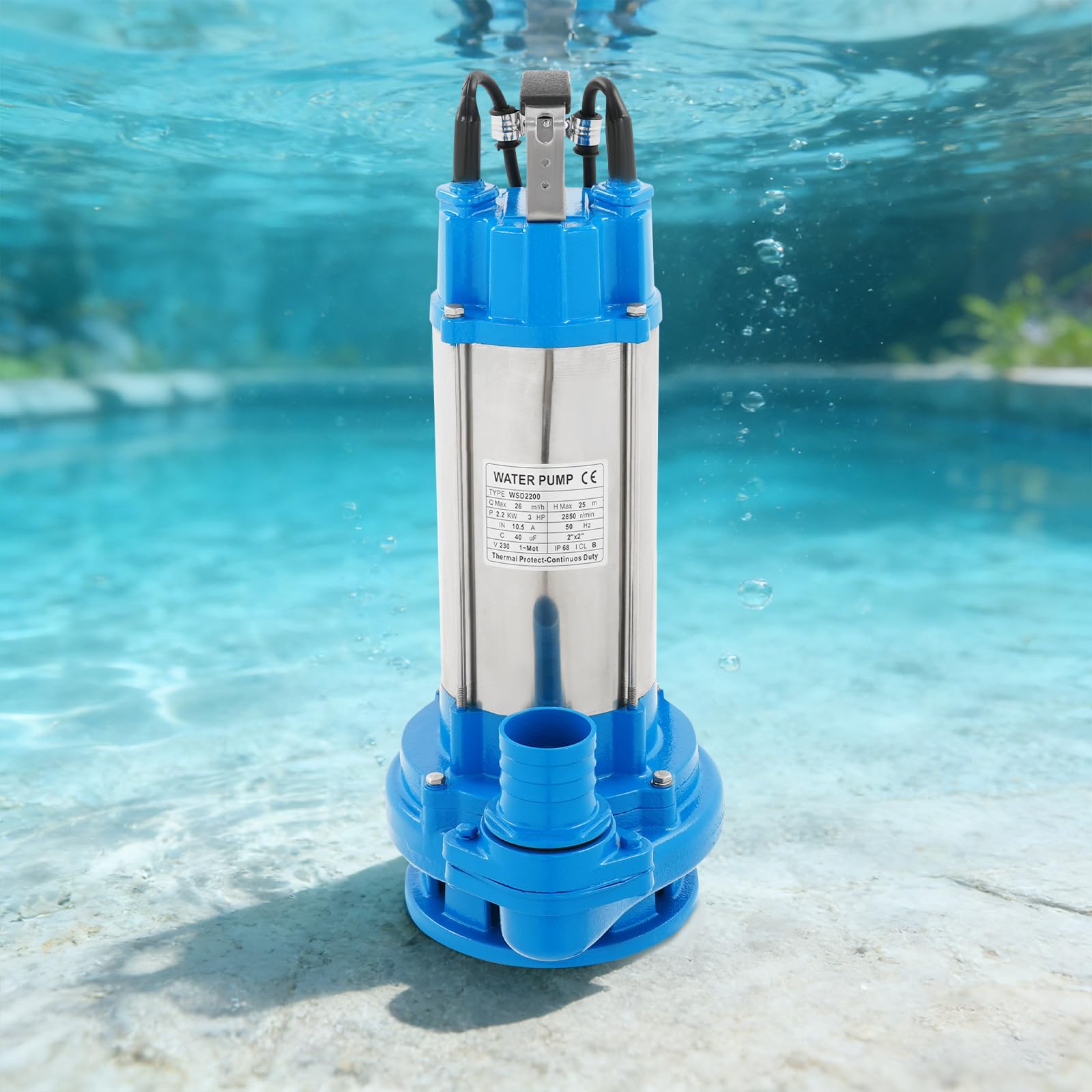 Bomba sumergible de agua de 2200 W con 26 m³ Q Max, 2850 rpm, para depósitos de almacenamiento exterior, sótanos, alcantarillas, plantas de tratamiento de aguas residuales, fuentes de ventana (azul)