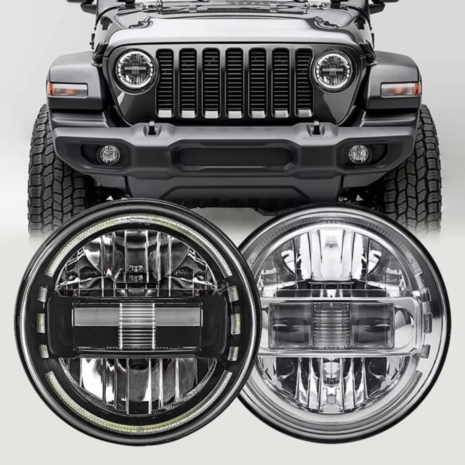 Fari Paraurti Anteriore Per Jeep Per Wrangler Per JK Fuoristrada Per Strada Per Lada 4x4 Fari Anteriori A LED DRL Luce Marcia Gruppo Ottico 7 Pollici Luce Marcia Diurna(Nero)