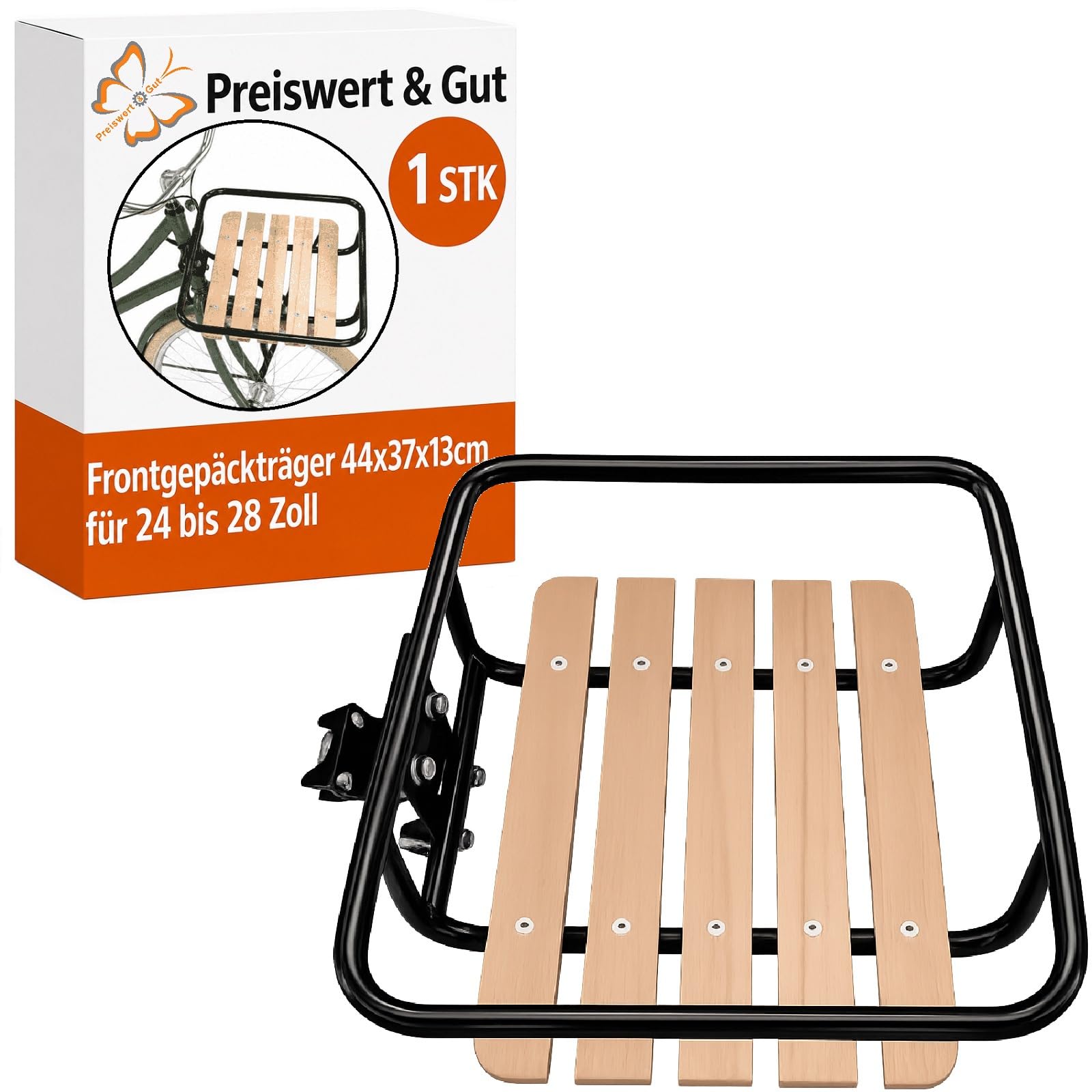 Gepäckträger vorne Stahl mit Holz Frontgepäckträger Fahrrad 10kg 44x37cm