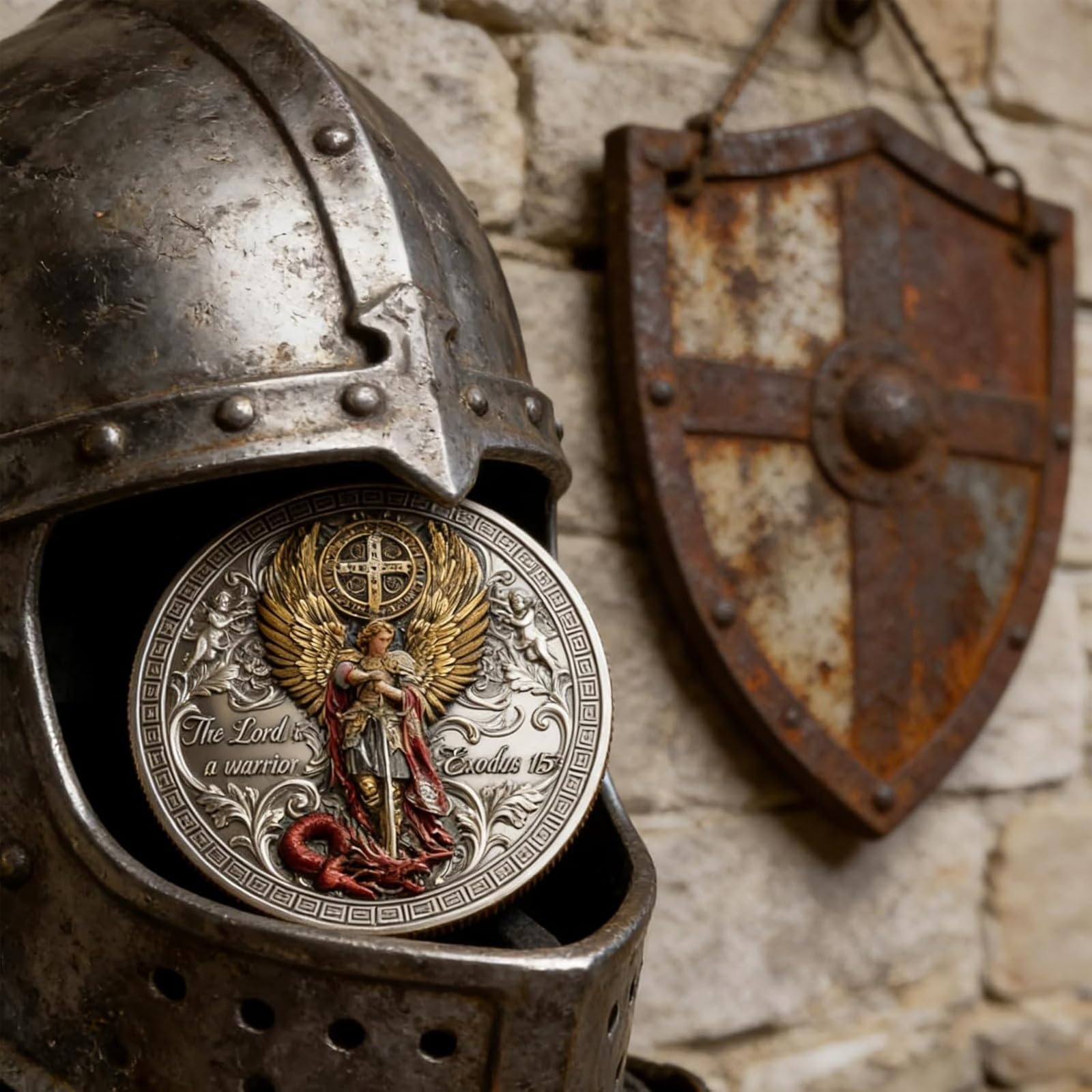 Saint Michel Archange – Pièce commémorative « Victoire sur le mal », pièce double face avec motif biblique et étui en acrylique, cadeau chrétien inspirant pour les collectionneurs (A*1)