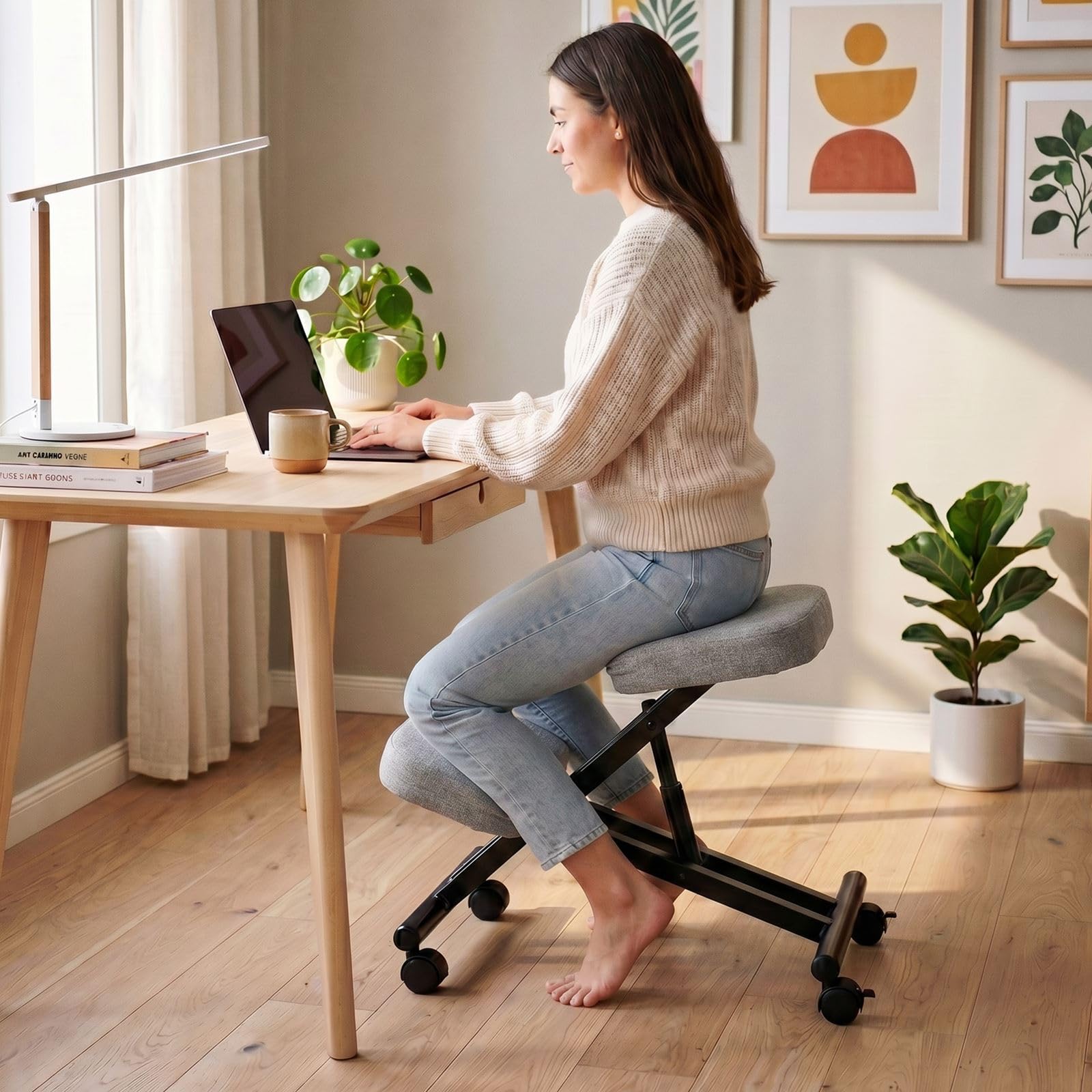IDIMEX Tabouret Ergonomique Robert siège Ajustable Repose Genoux Chaise Professionnelle sur roulettes sans Dossier Posture Droite Relaxation Massage, Structure en métal Noir et Assise rembourrée Gris