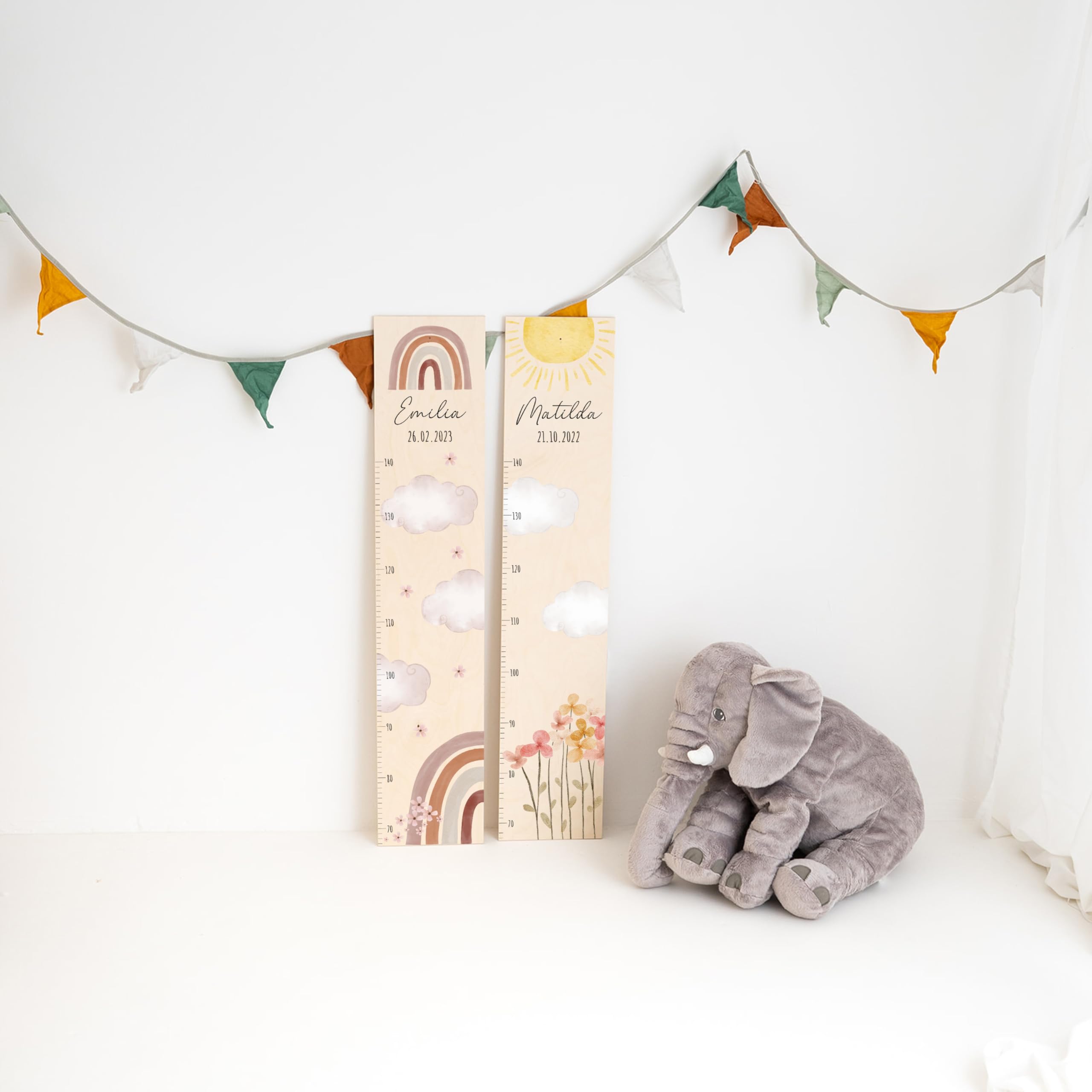 Bärenfreunde® - Personalisierte Messlatte Kind Holz zum Kleben oder Aufhängen - Skala 70-140cm - Süße Dekoration für Baby- & Kleinkinderzimmer (Kinder 70-140cm, Regenbogen rosa)