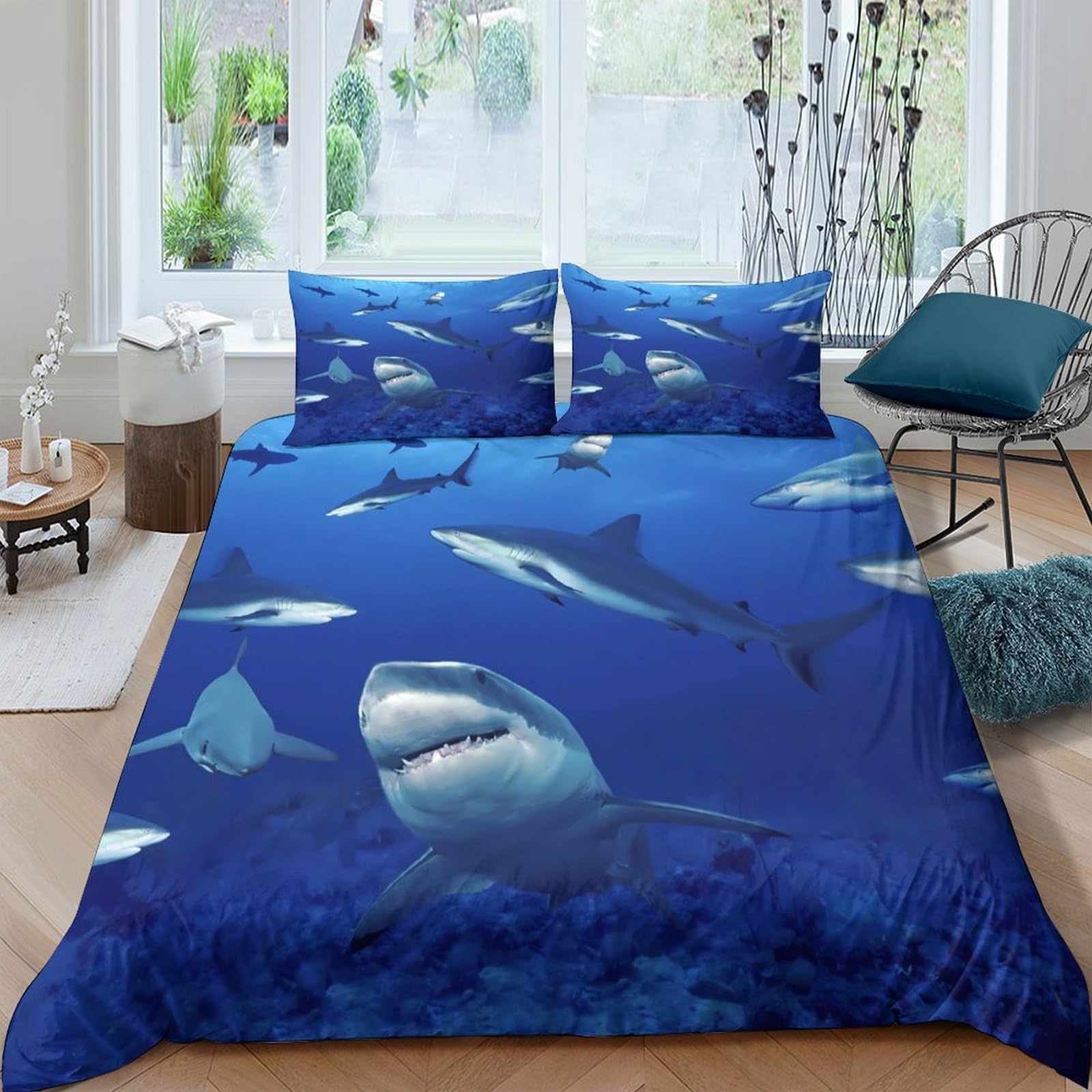 GPLZQXKJNH 3D Printed Shark Ocean Duvet Cover Set Microfiber Soft Breathable Blue Sea Bedding with 2 Pillowcases for Bedroom Single（135x200cm）