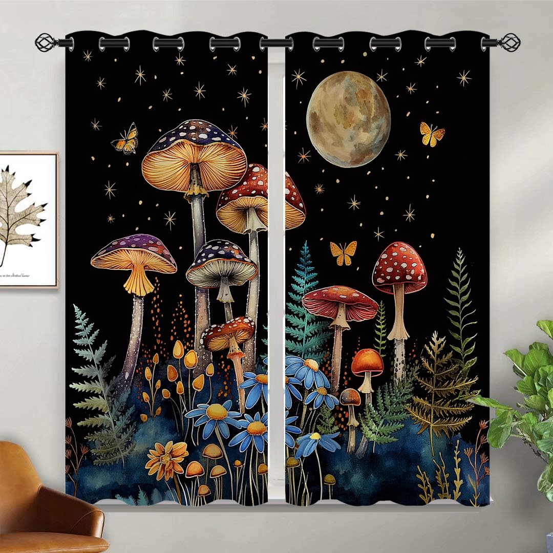 XINBADU Mushroom Blackout Curtains for Girls Boy Home Decor, Gothic Fairy Witchy Mysterious Botanical Grommet Thermal Insulated Drapes Darkening Window Curtain for Bedroom Living Room, 55 x 63 Inch