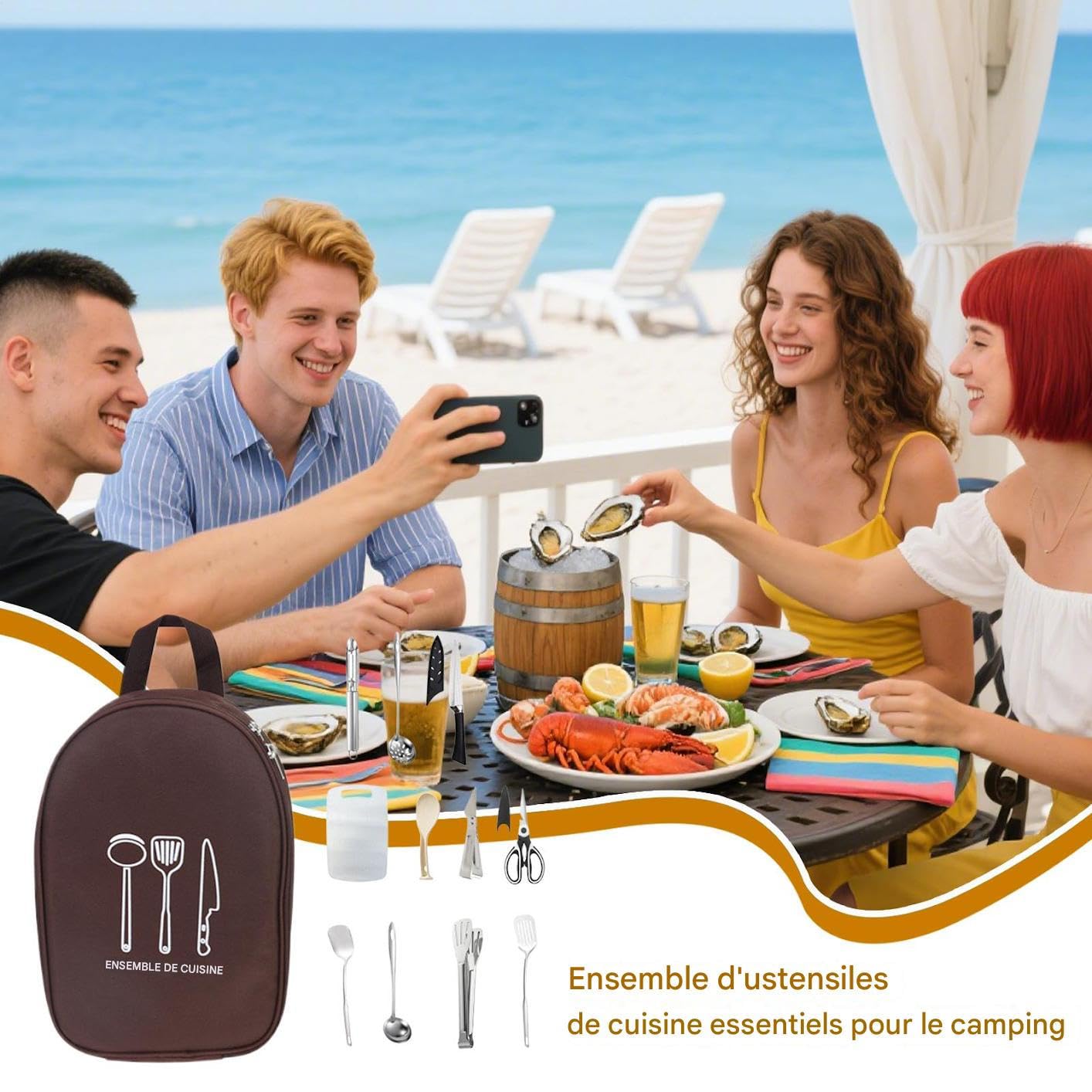 Générique Kit Ustensiles Camping 12 Pièces d'Équipement de Cuisine | avec Sac de Rangement Équipement Culinaire pour le Camping pour Camping-Car, Plein Air, BBQ, Pique-nique et Randonnée