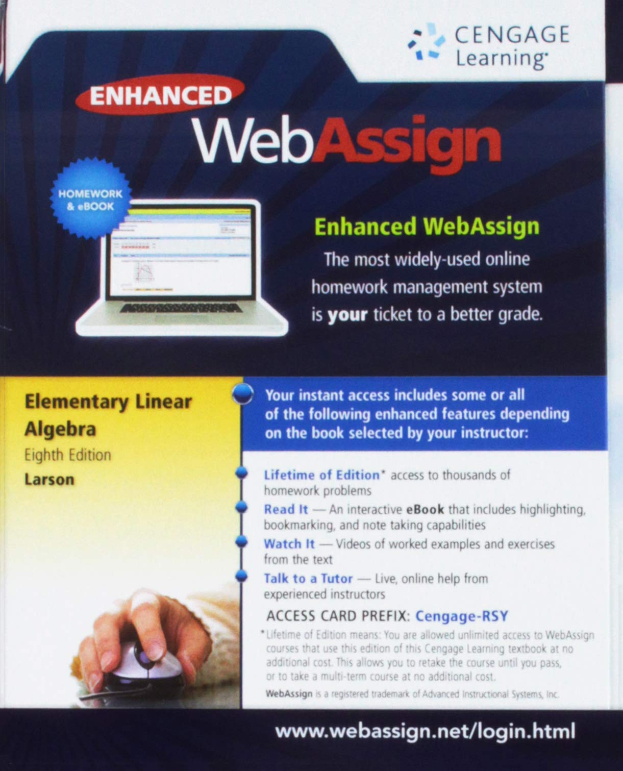 WebAssign - Tarjeta de acceso impresa para álgebra lineal elemental de Larson, de un solo término