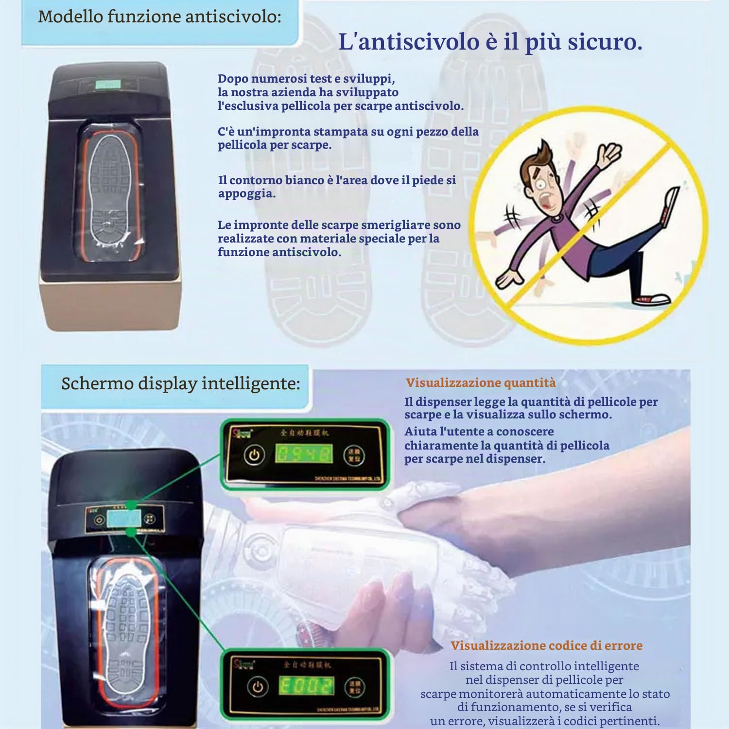 Distributore automatico di copriscarpe con schermo LCD, ozono e sterilizzazione UV, 3 secondi per copertura, include 1000 copriscarpe rotolo, ideale per ospedali, laboratori, camere bianche