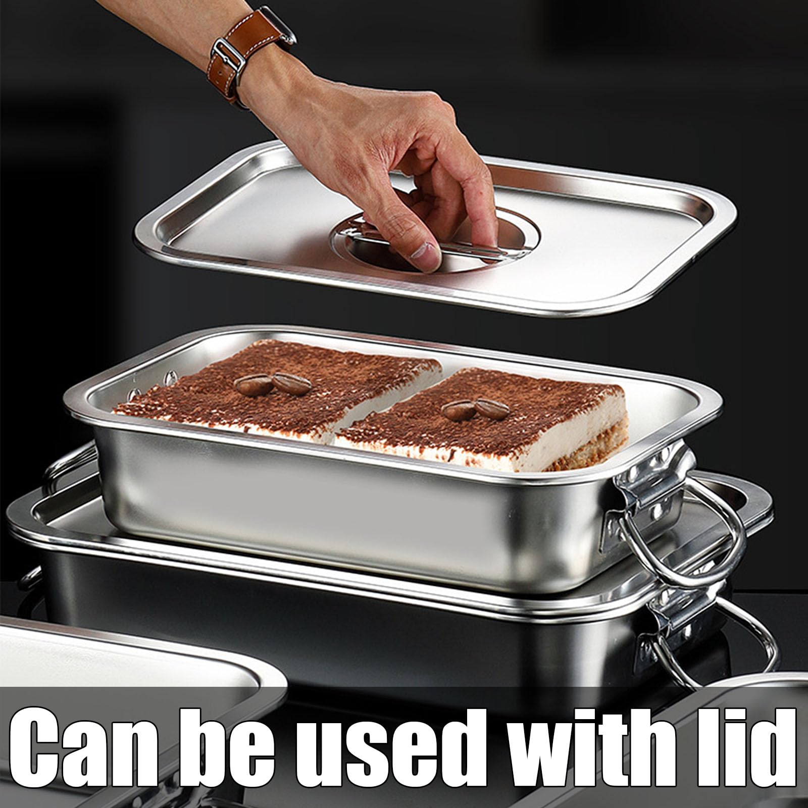 Contenitore Gastronorm in Acciaio Inox,Buffet Scaldavivande Vaschette per Alimenti,Bacinella Gastronorm con Maniglia,40 * 30cm,Lid