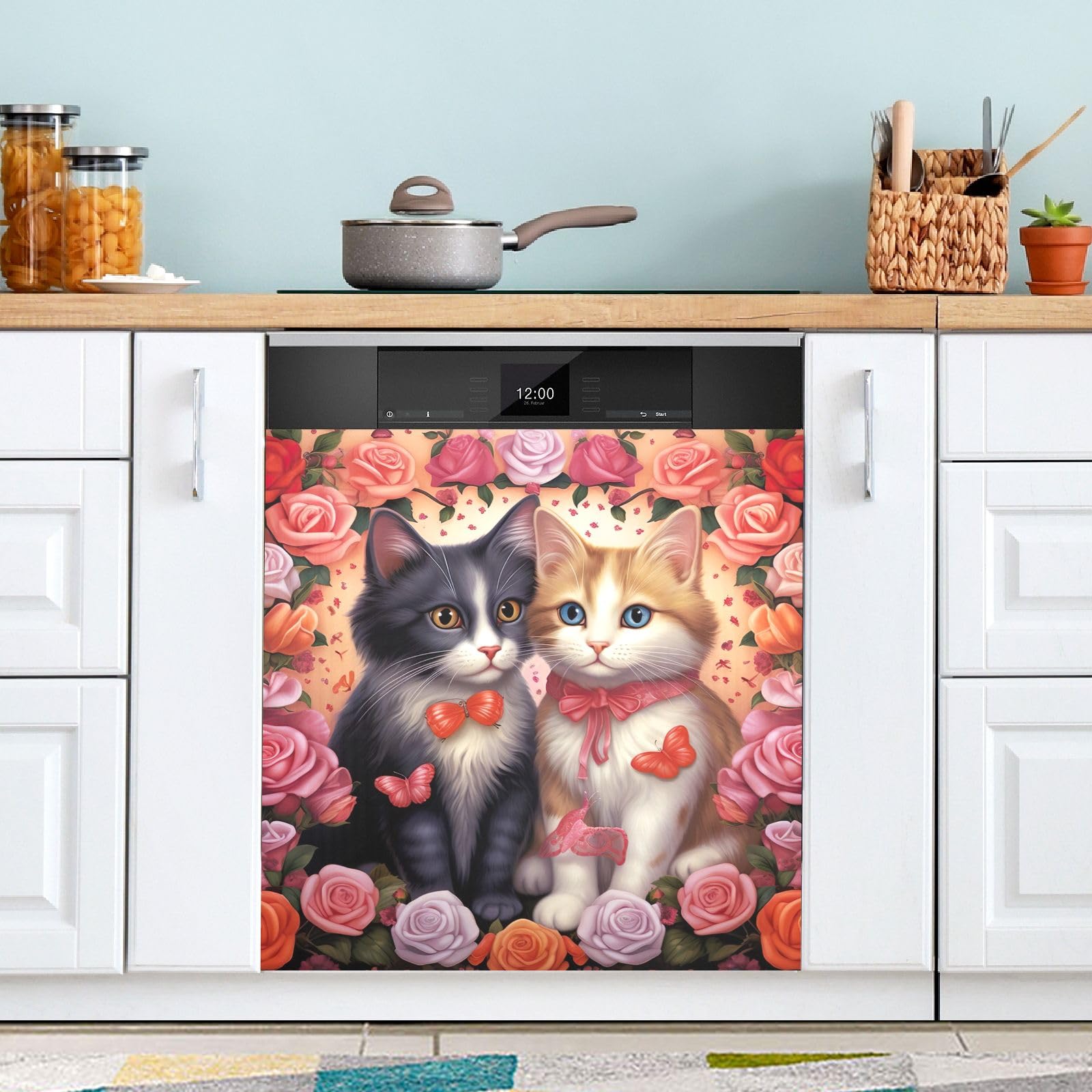 Magnetische Spülmaschinen Abdeckung - Dekorativer Aufkleber 'Katze Riecht Blumen'