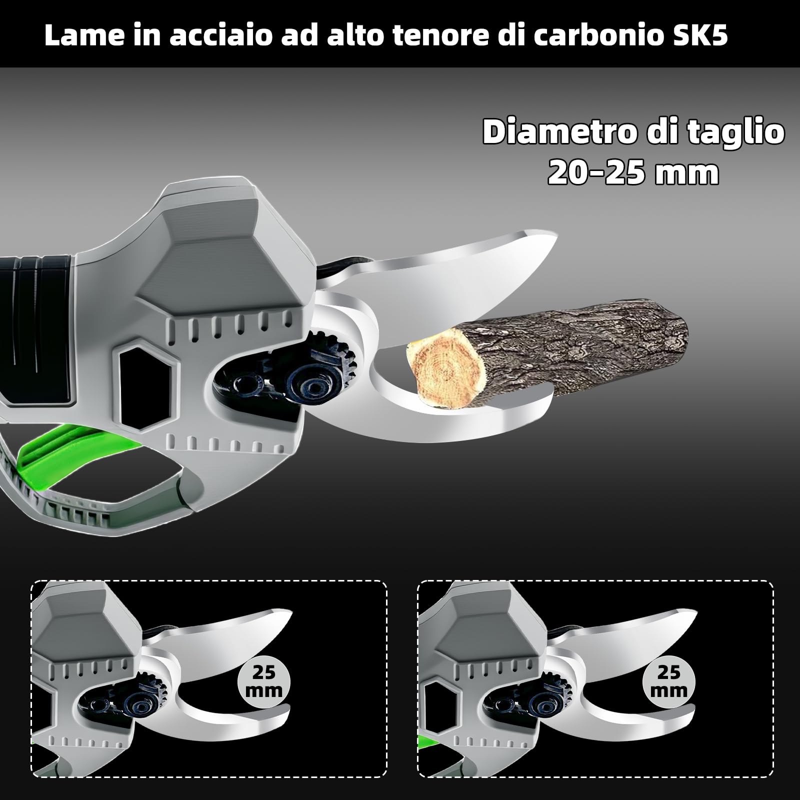 VOLTIX Forbici Potatura a Batteria 25mm, Forbici Elettriche con 2 Batterie e Lame di Ricambio, Cesoie a Batteria per Potatura per Giardinaggio, Alberi da Frutto, Vigneti