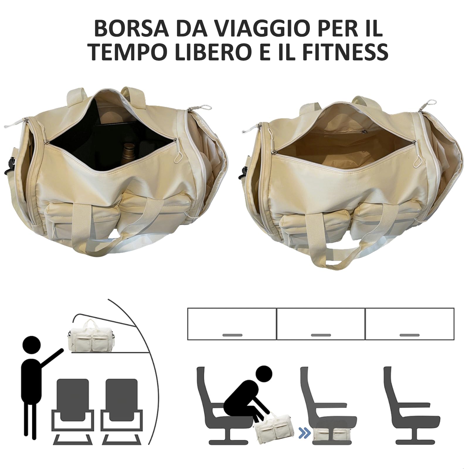 Balakaka Borsone da Viaggio Pieghevole 44x23x28cm, Portatile Borsone Palestra Sportiva con Multitasche, Grande Capacità Borsa da Viaggio con Cerniere e Manici, Grigio