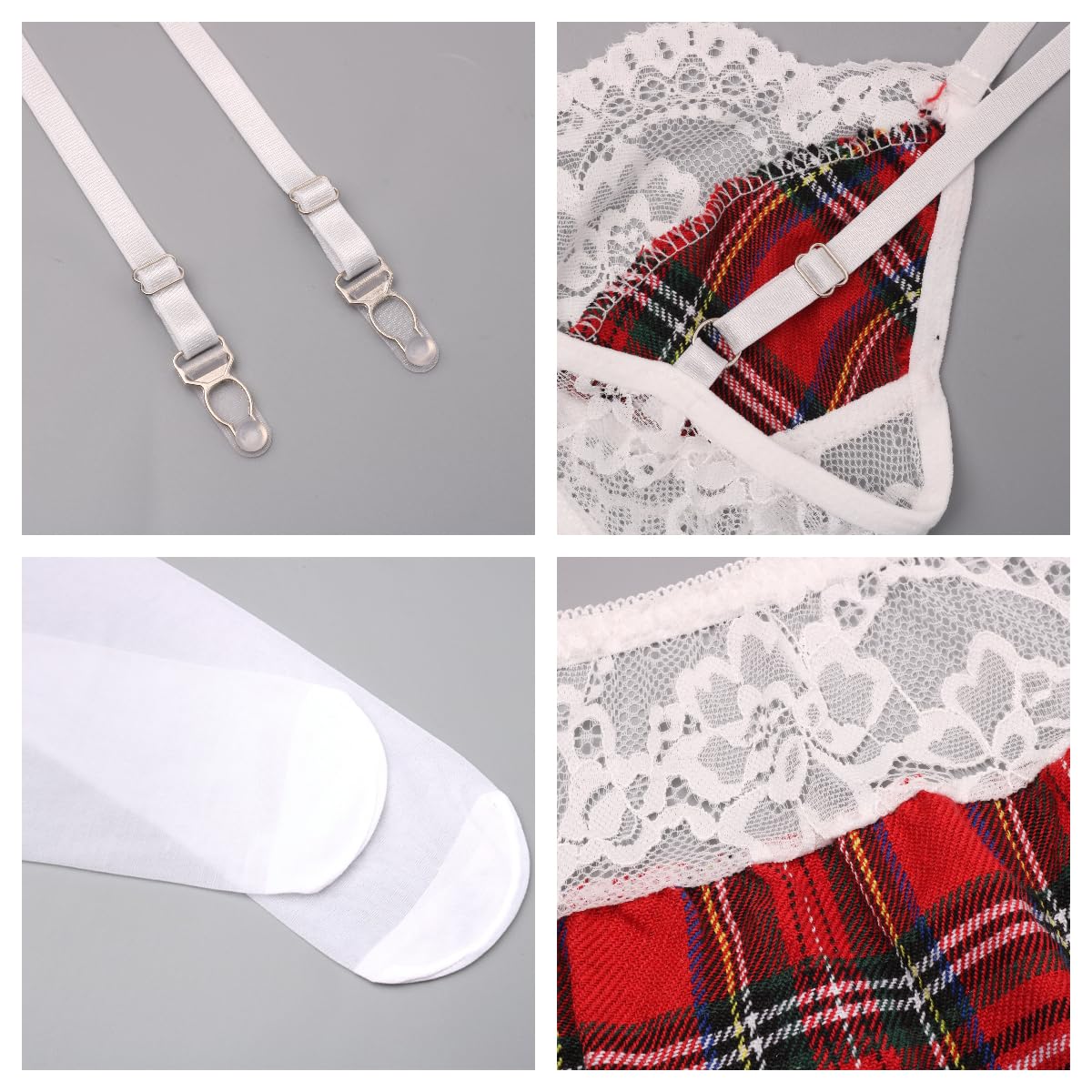 Ensemble de Lingerie Femme 5 Pièces en Dentelle avec Soutien-Gorge et Jupe Plissée de Lingerie Plaid Jupe Costume Nuisette Lingerie Rôle sous-Vêtements
