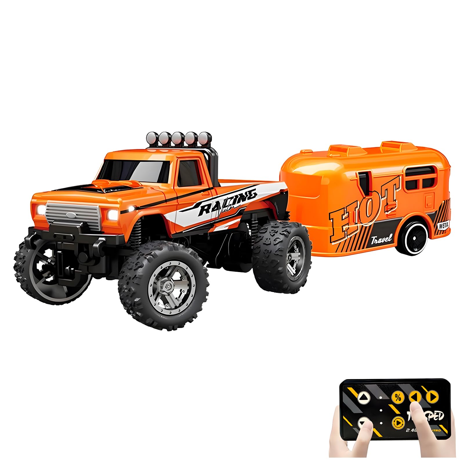 Flashstar Mini Rc Truck, 1:64 Scale Monster Truck Remote Control Car with Lights, 2.4Ghz Mini Alloy Remote Control, Speed/Steering Adjustable (Orange)