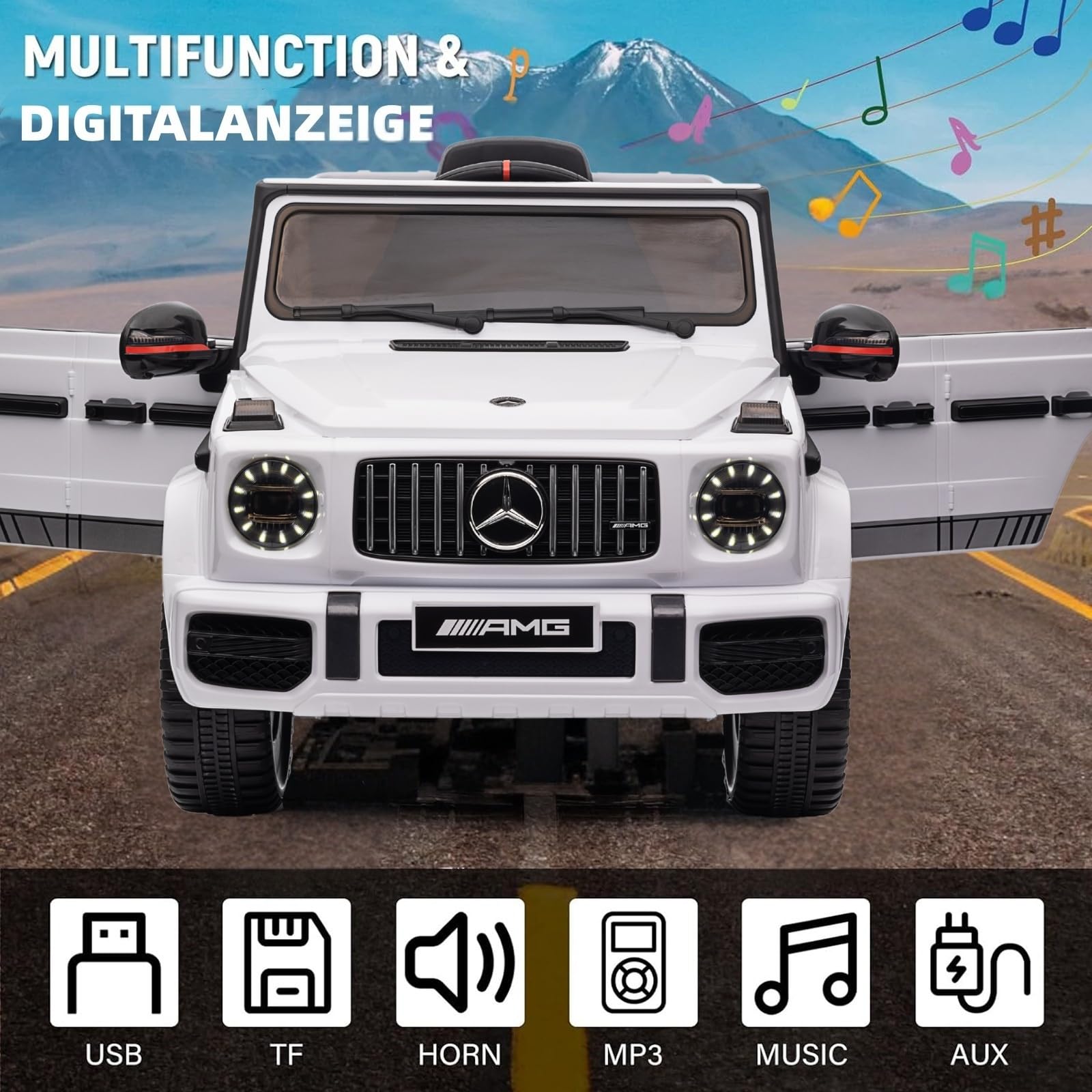 LEADZM Kinder Elektroauto Mercedes G63, 4 stoßdämpfende Räder, 12V 7ah, Fernbedienung, Kinderauto Kinderfahrzeug (Blanc)
