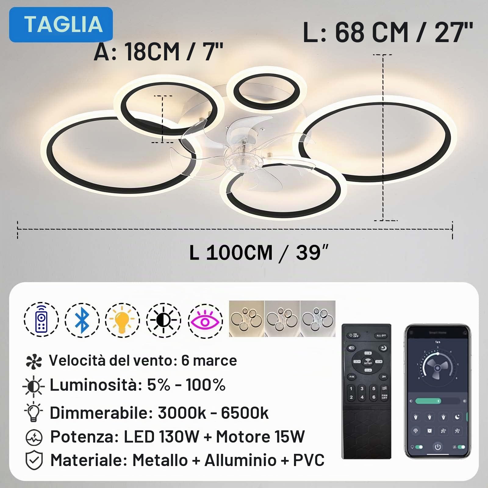 YUNZI Moderno Ventilatore da soffitto con illuminazione con telecomando, LED 72W Dimmerabile Ventilatore a soffitto, Lampada per Soggiorno Camera da letto Cucina, 6 velocità, Bianco 100cm