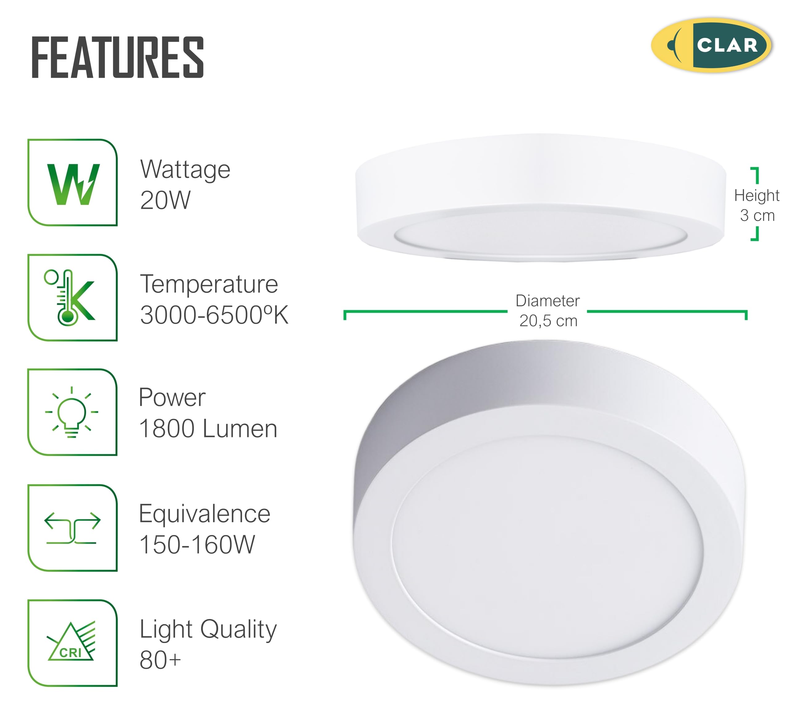 CLAR - Downlight LED plafond surface 20 W, plafonnier pour cuisine ou salle de bain, lumière blanche neutre 4000 K, lampe de plafond (lot de 10)