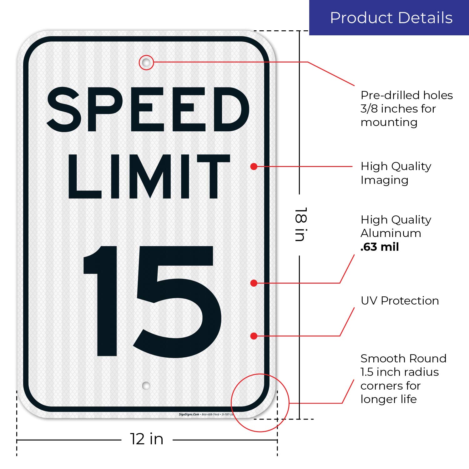 Speed Limit 15 MPH, (4 Pack) Large 12x18 3M Reflective (EGP) Rust Free .63 Aluminum, Weather/Fade Resistant, Easy Mounting, Indoor/Outdoor Use, Made in USA