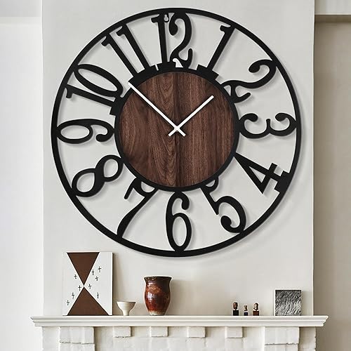 Miniatura 29 de LEIKE Relojes de pared extra grandes, silenciosos con pequeño tictac, reloj de pared redondo vintage moderno de madera que funciona con baterías