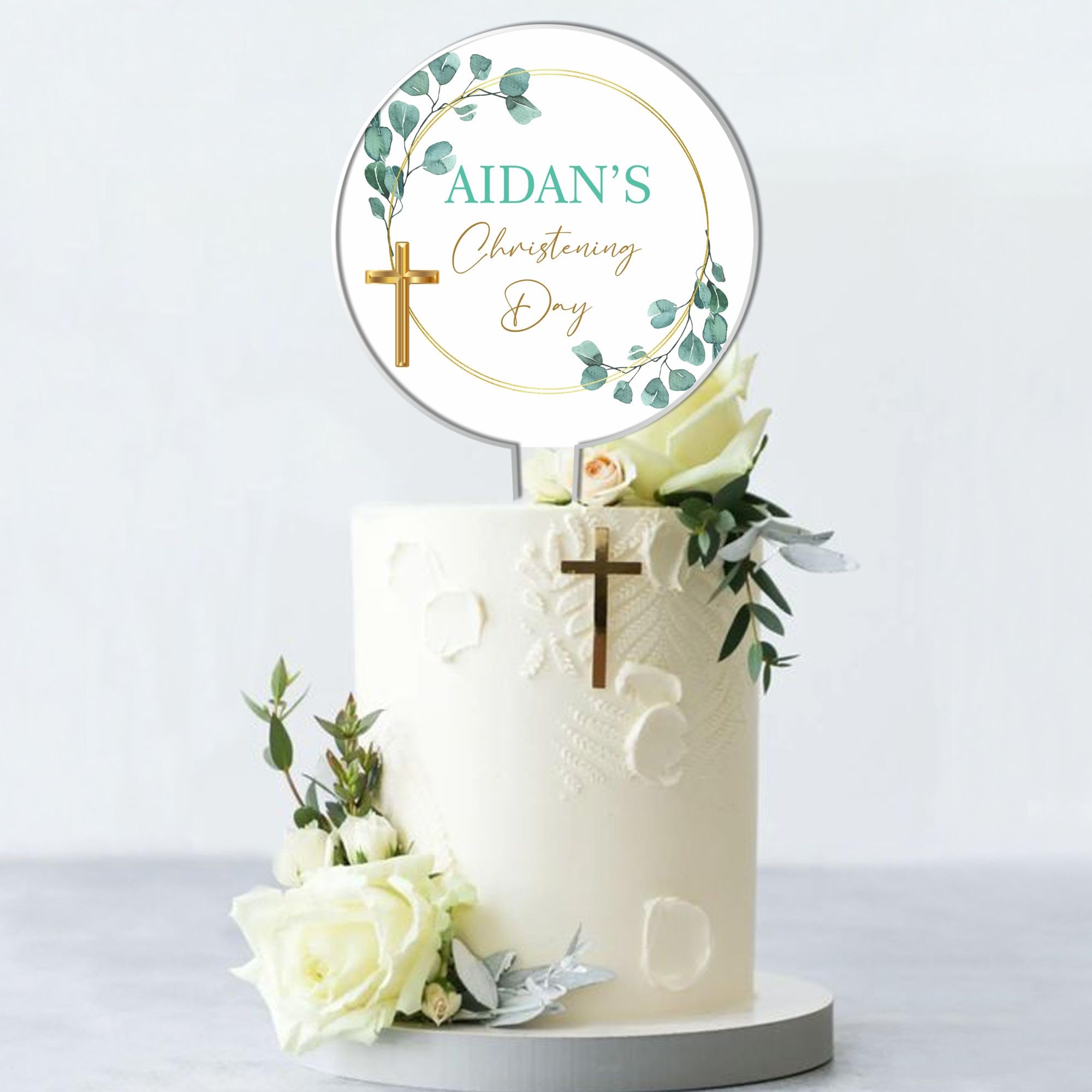 Personalised Acrylic Cake Topper for Christenings Confirmations Holy Communions – Custom Child’s Name & Date with Floral Wreath in 6 Designs (Christening Day, Green & Gold Wreath)