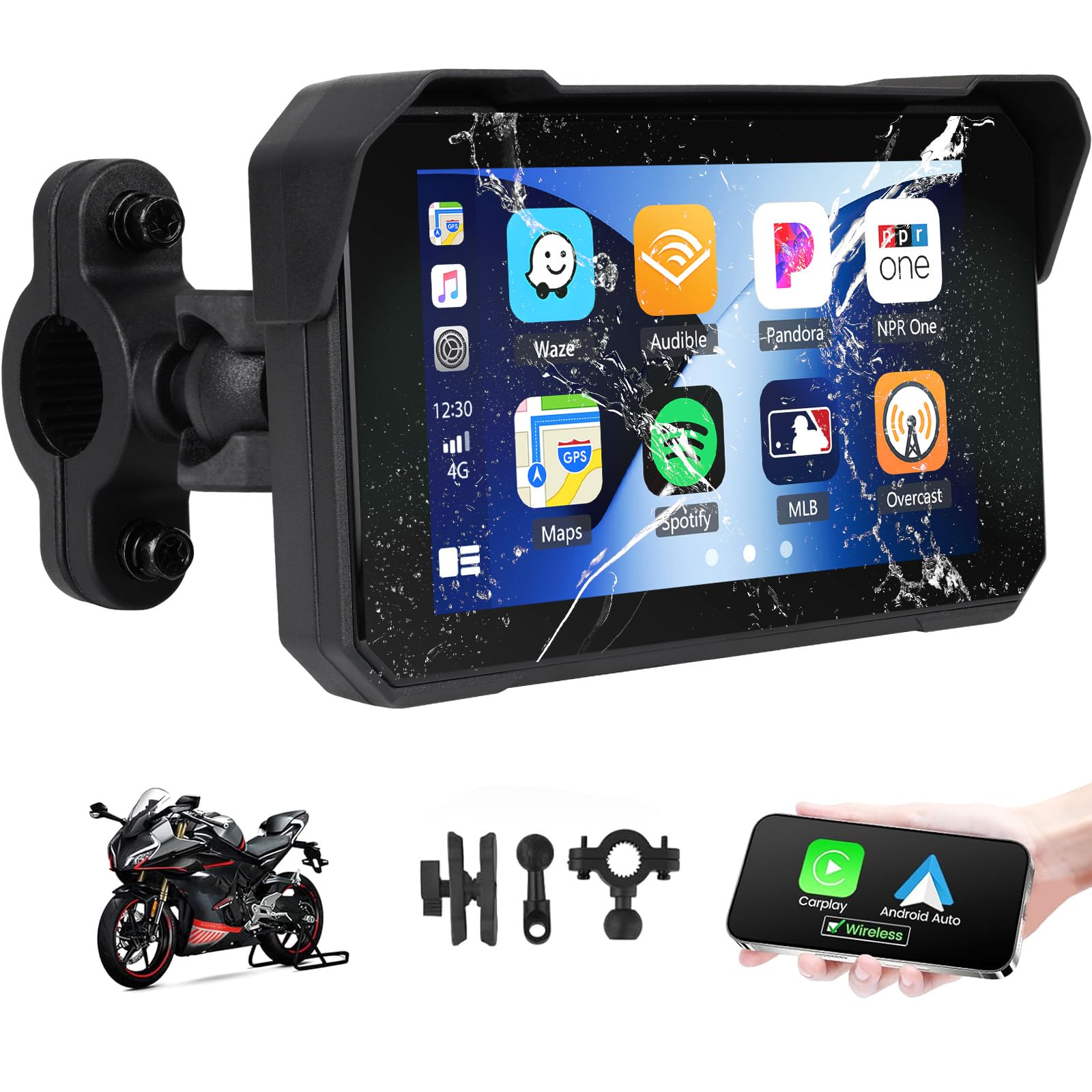 Motorrad Navigationssystem mit CarPlay Bildschirm, kabellosem CarPlay Android Auto, Tragbarem, Wasserdichtem 5 Zoll Touchscreen Motorrad Navigationssystem mit Bluetooth Siri