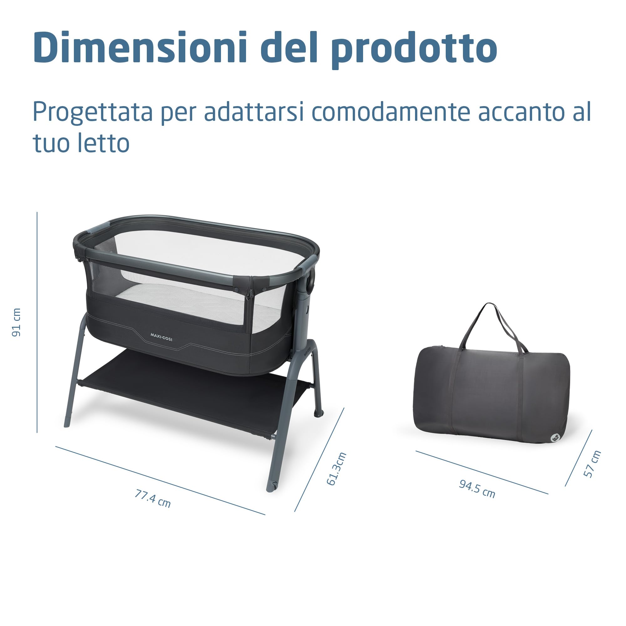 Maxi Cosi Iora² Culla Co-Sleeping, 0–6 Mesi (9 kg), Culla Neonato Fianco Letto Pieghevole e Leggera, Materasso 5 cm CloudCore, 5 Livelli, 2 Ruote Scorrevoli, Funzione Easy Slide, Elegance Graphite
