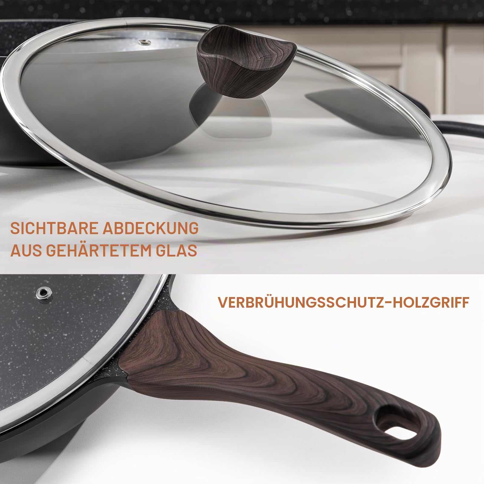 Kordisen Wokpfanne induktion, 30 cm Wok mit Deckel, Aluminiumguss, Beschichtung in Steinoptik, kompatibel mit allen Herden, PFOA-frei, Schwarz