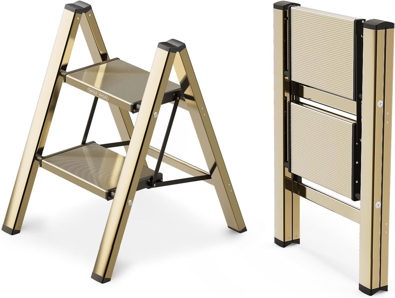 WOA WOA Step Ladder, 2 Step Foldable Step Stool with Widen Pedals, Portable Aluminum Stepladder, Compact Ladder for Space Saving, Home Ladders for Kitchen(300lbs, Gold) 2 Step Brown Gold