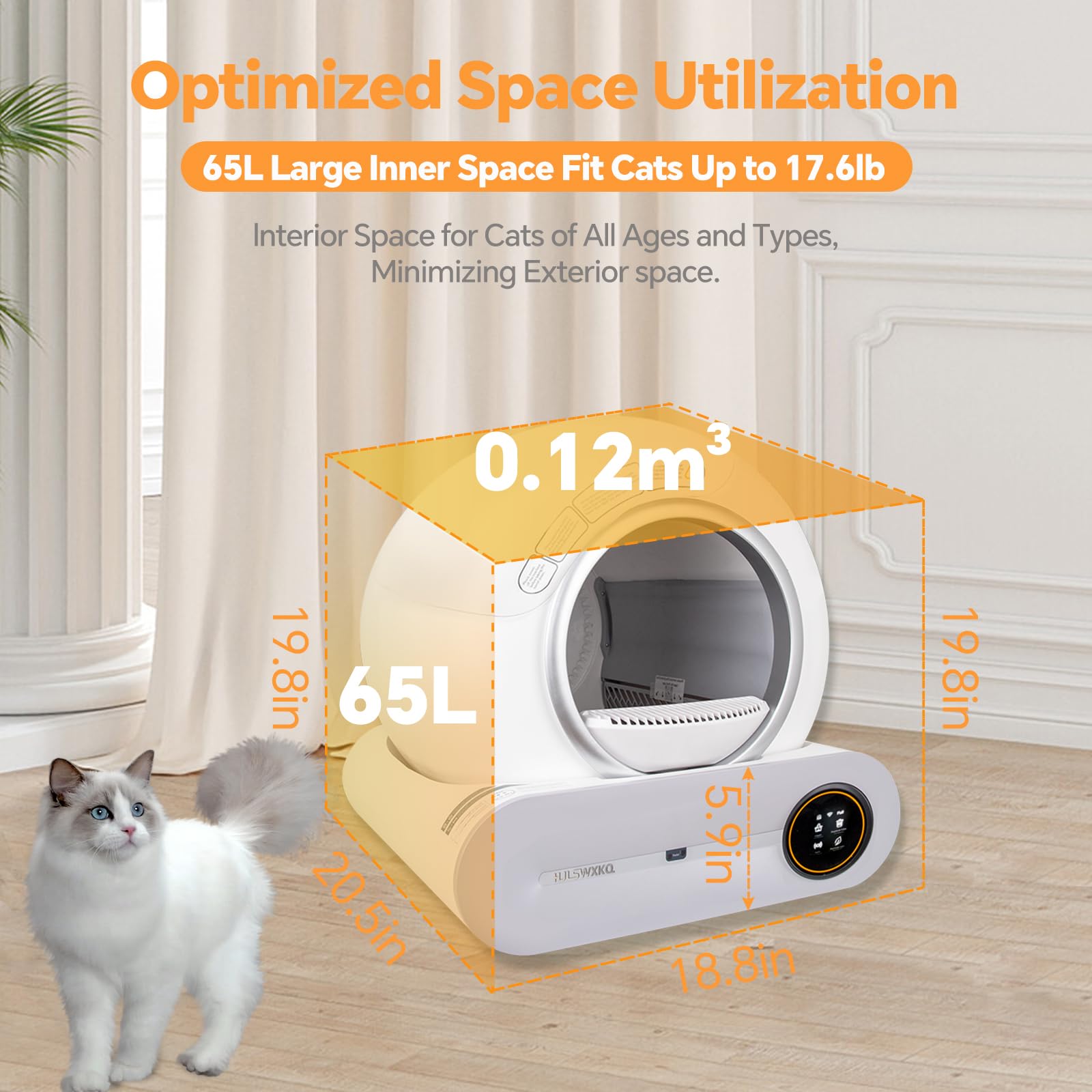 Self-Cleaning Litter Box, Automatic 65 L + 9 L Large Capacity, APP Controlled, Suitable for Multiple Cats - White, Three Rolls of Garbage Bags & a Mat