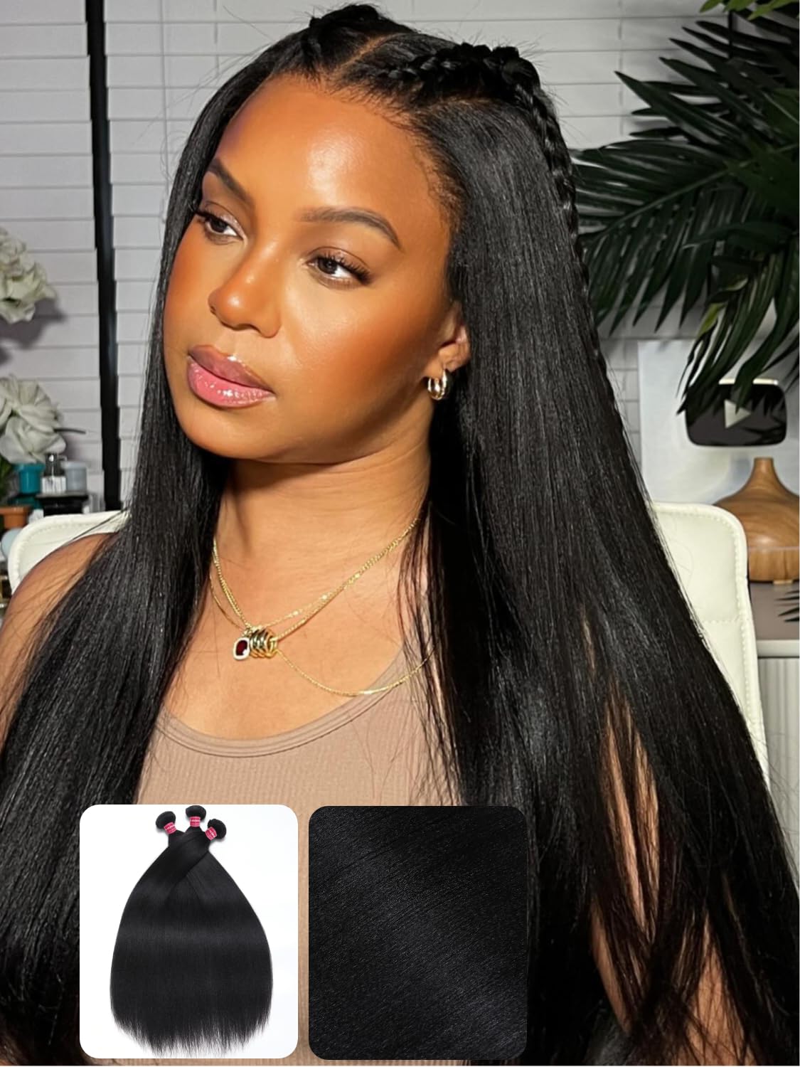 KLAIYI Yaki Straight Bundles Human Hair Weaves Unprocessed Real Virgin Hair Sew In Extensions 3 Bundles 16 18 20Inch, 12A Kinky Straight Double Wefts for Women