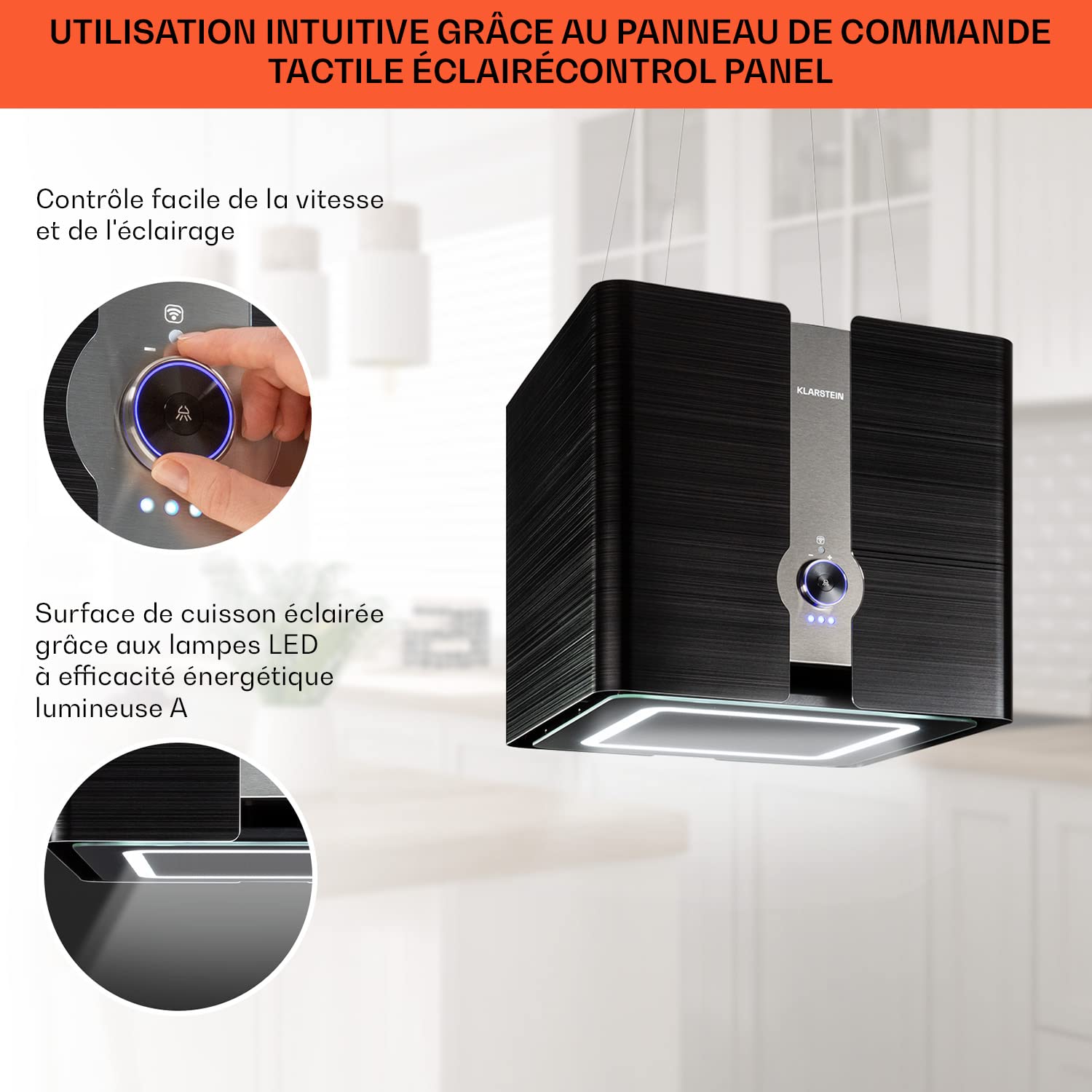 Klarstein Futurelight Smart Hotte aspirante suspendue - Hotte à recyclage avec débit de 413 m³/h, îlot à recyclage avec éclairage LED, acier inoxydable, noir