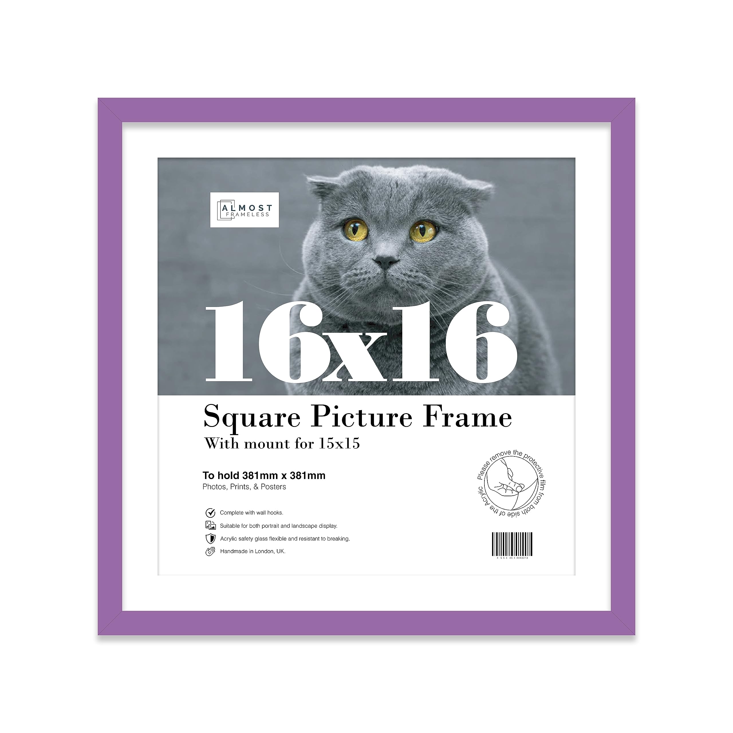 Almost Frameless 16x16 Picture Frame, Display Pictures 15x15 With Mat or 16x16 Without Mat, Wall Hanging Photo Frame, Purple, 1 Pack