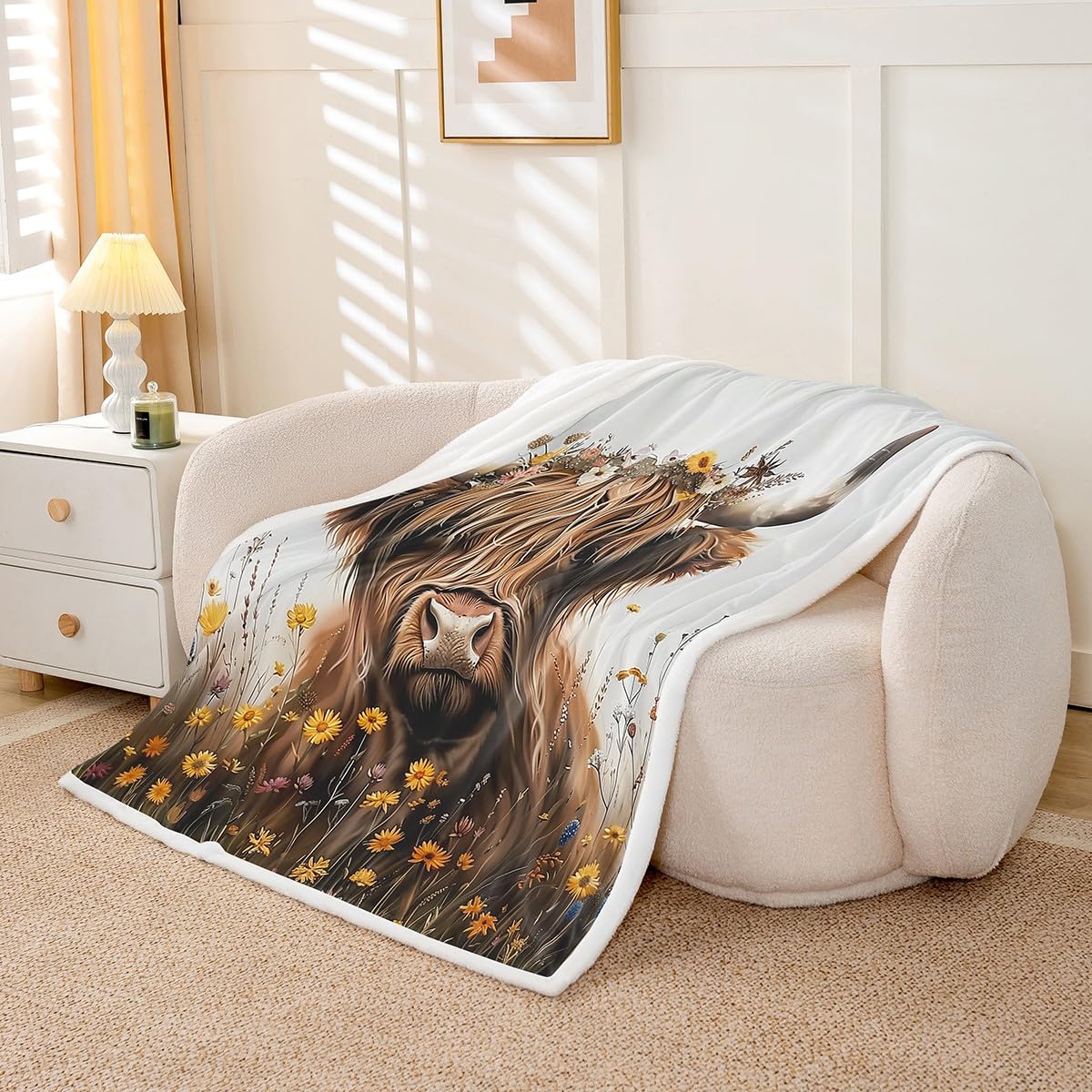 Homewish Highland-Rinder Teenager Fleecedecke 150x200cm Highland-Kuh Kuscheldecke für Kinder,Landwirtschaftliches Bauerntier Decke Floral Longhorn Bull Bett Sofa Couch Dekorative Decken