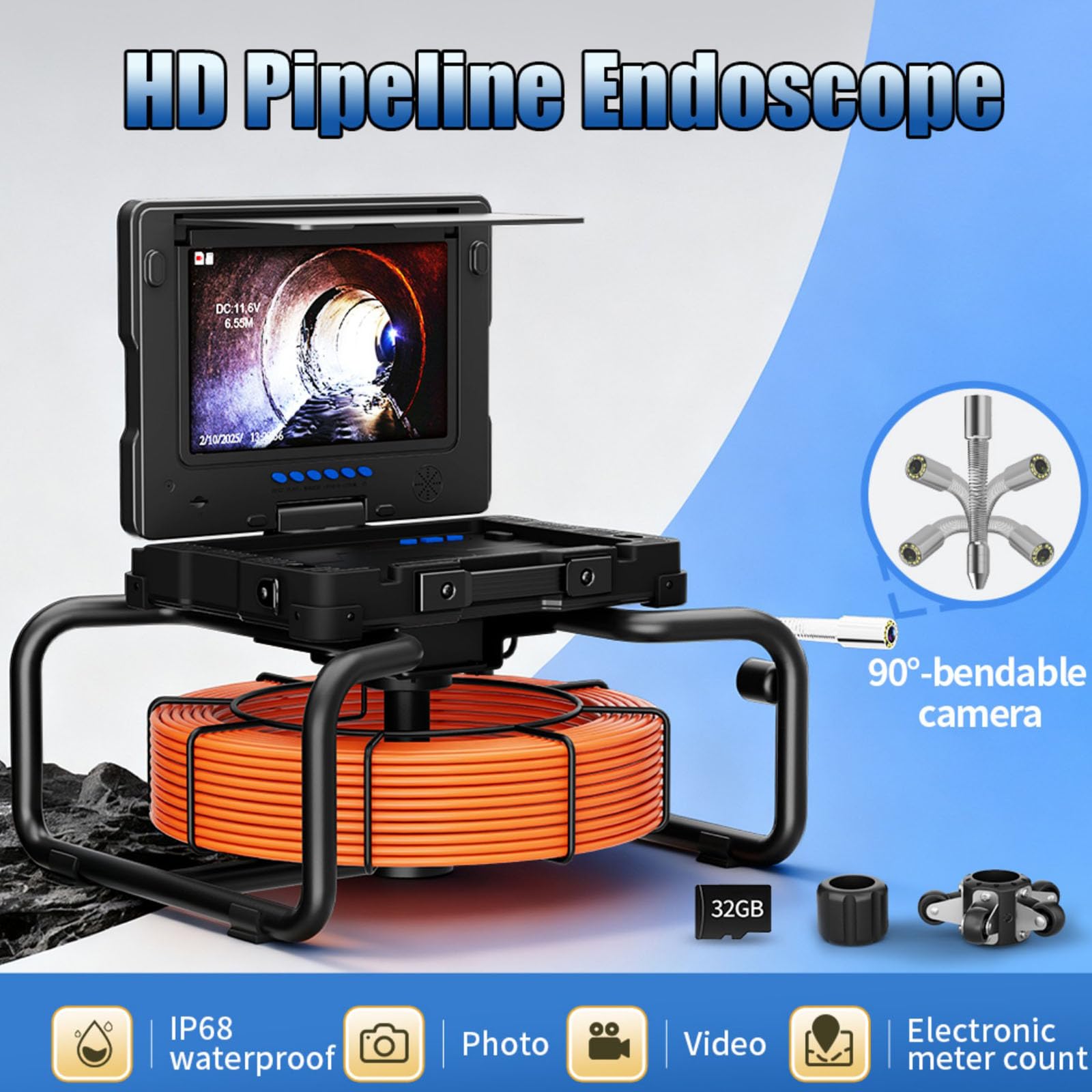 9-calowa Kamera Dvr Do Kanalizacji, Kamery Do Rur Kanalizacyjnych Z Funkcją Samopoziomowania, Kamera Inspekcyjna Z Wężem Hydraulicznym 512 Hz Z 12 Diodami Led, Kamera Inspekcyjna (Size:30M/262FT)