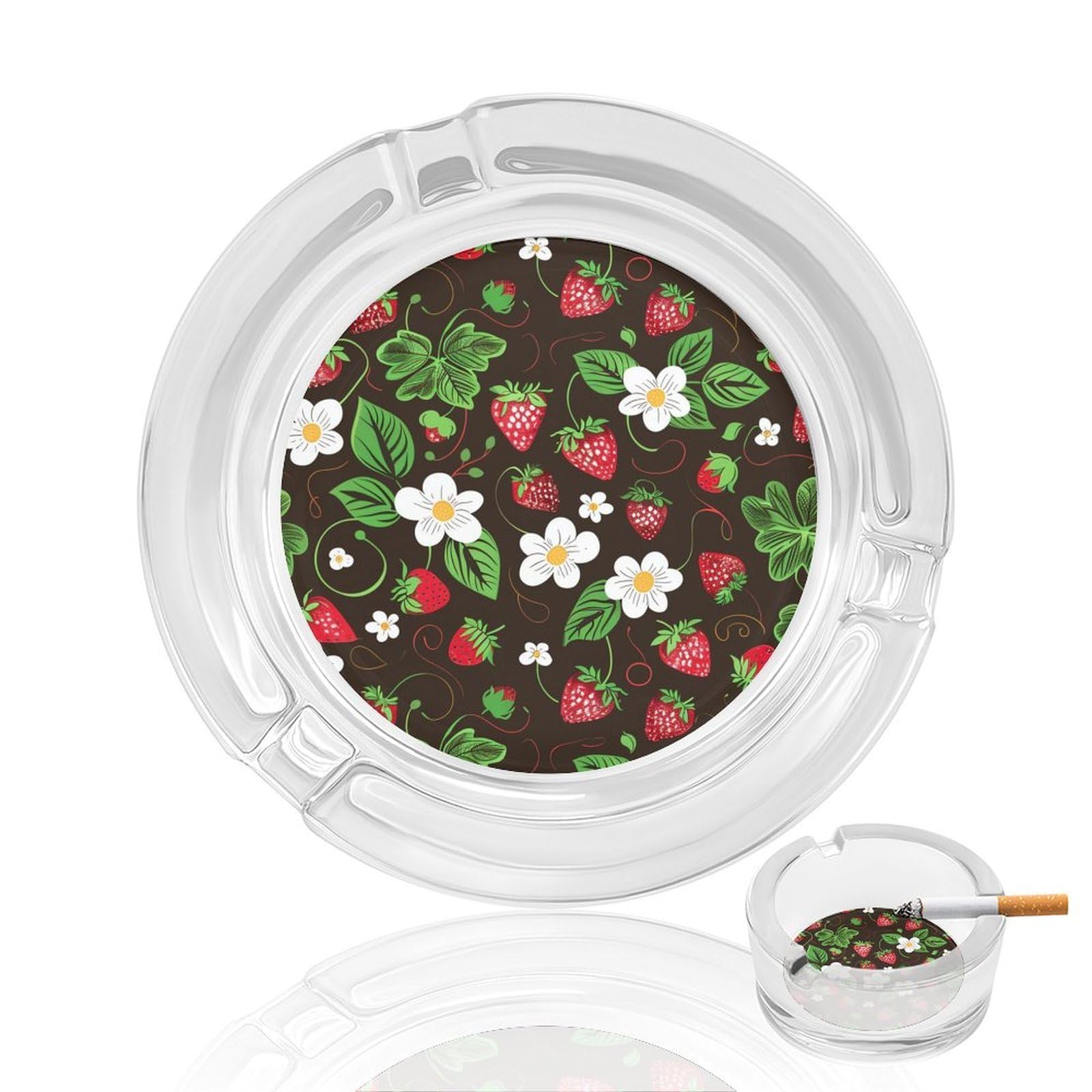 Strawberry Flower Leave Glass Ashtray 3.3 Inch Round Cigarette Ash Holder with 4 Grooves for Home Office Outdoor One Size