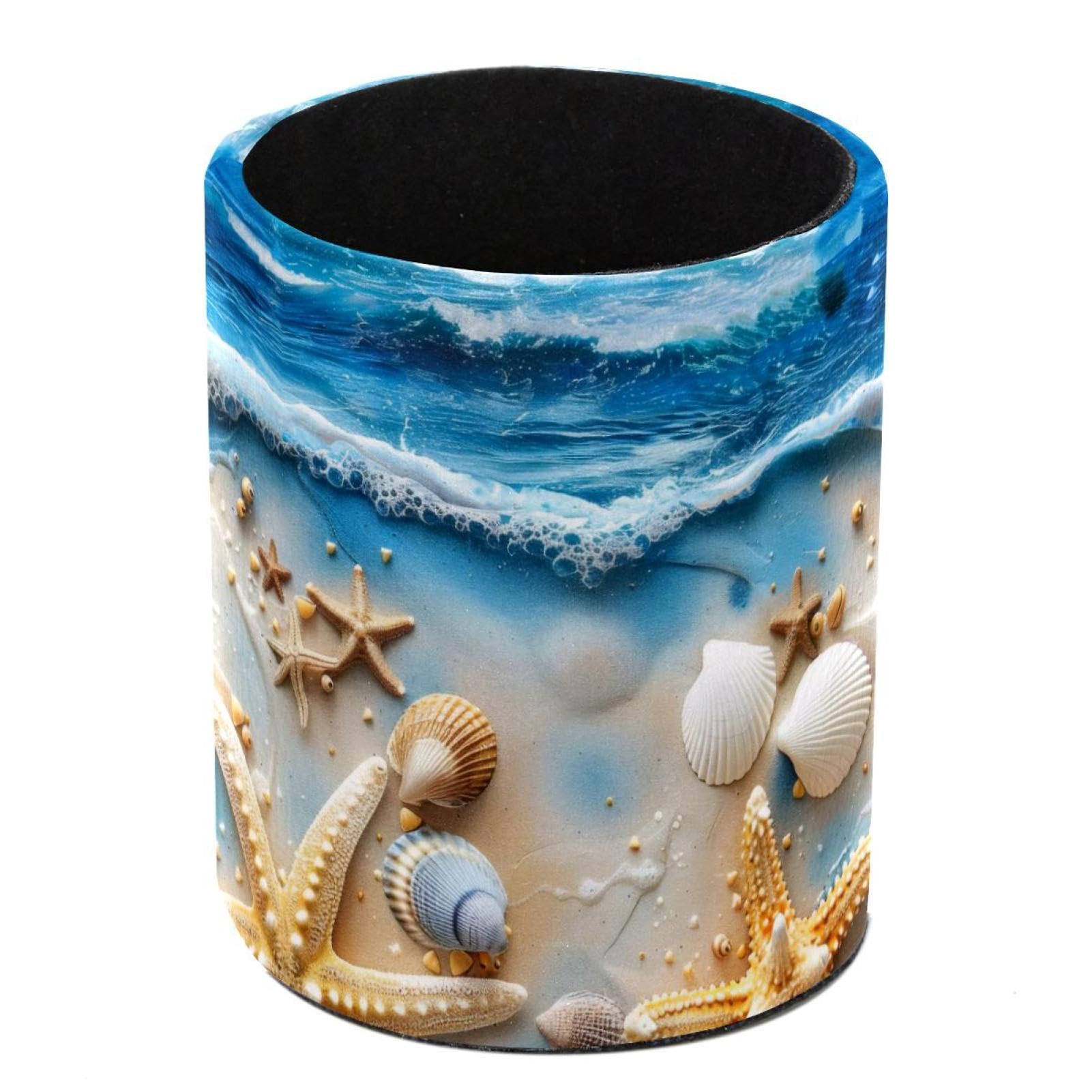 FWJZDSP Pen Pencil Holder, Starfish Coast Sea Shells Desk Organizer, Durable Leather Pencil Cup, Decorative Makeup Brush Holder Cup, Stationery Holder for Office, School, Home