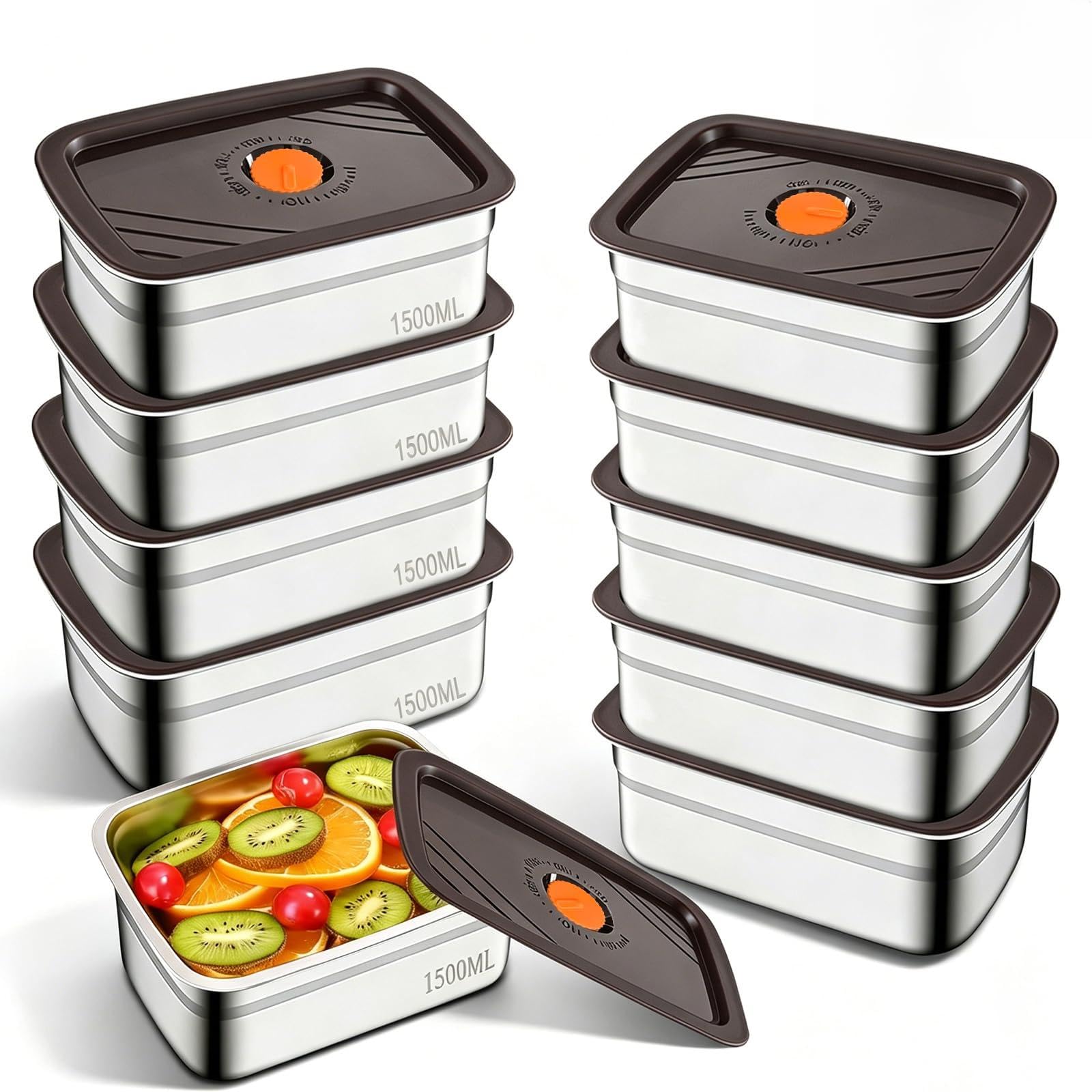 Photo 1 of 10 Pack Stainless Steel Food Storage Containers with Airtight Lids, 48oz/1500ml Reusable Metal Meal Prep Container, Stackable Lunch Snack Box for Kitchen, Travel & Picnic, Freezer & Dishwasher Safe