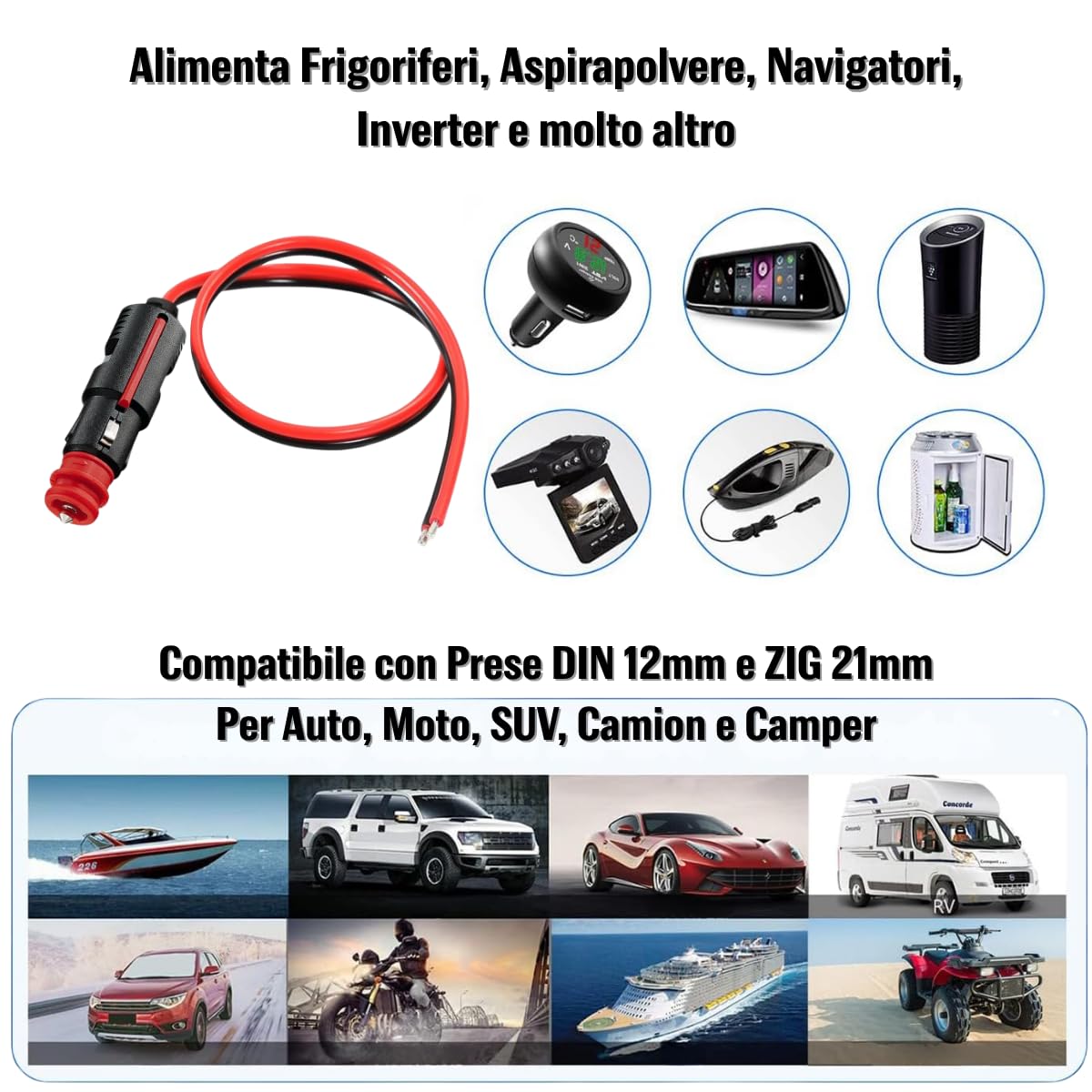 Spina Universale DIN/ZIG per Prese di Bordo Moto, Auto, Camion - Adattatore per Presa Accendisigari da 12mm e 21mm con Cavo, Leva di Estrazione e Fusibile di Sicurezza Integrato