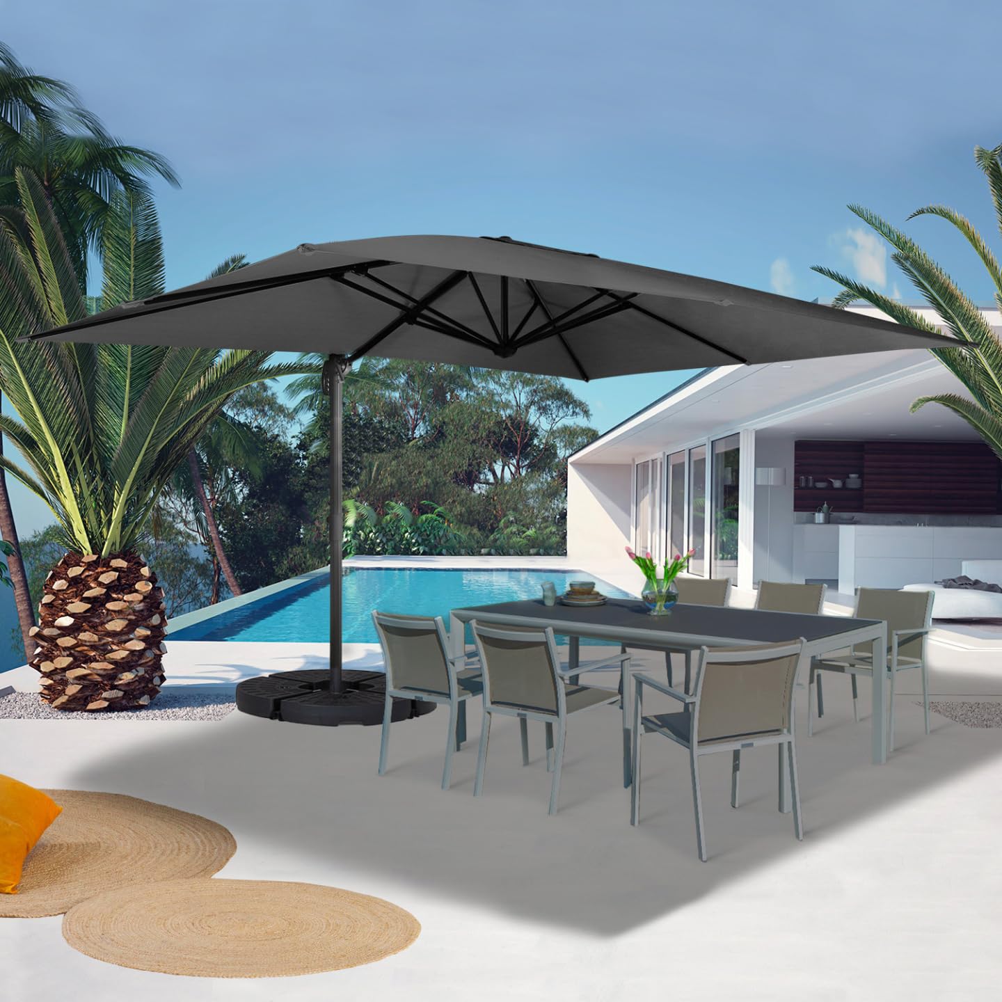 IDMarket - Parasol déporté inclinable Rotatif 360 Calvi Gris 3x4 M avec 4 Dalles et Housse