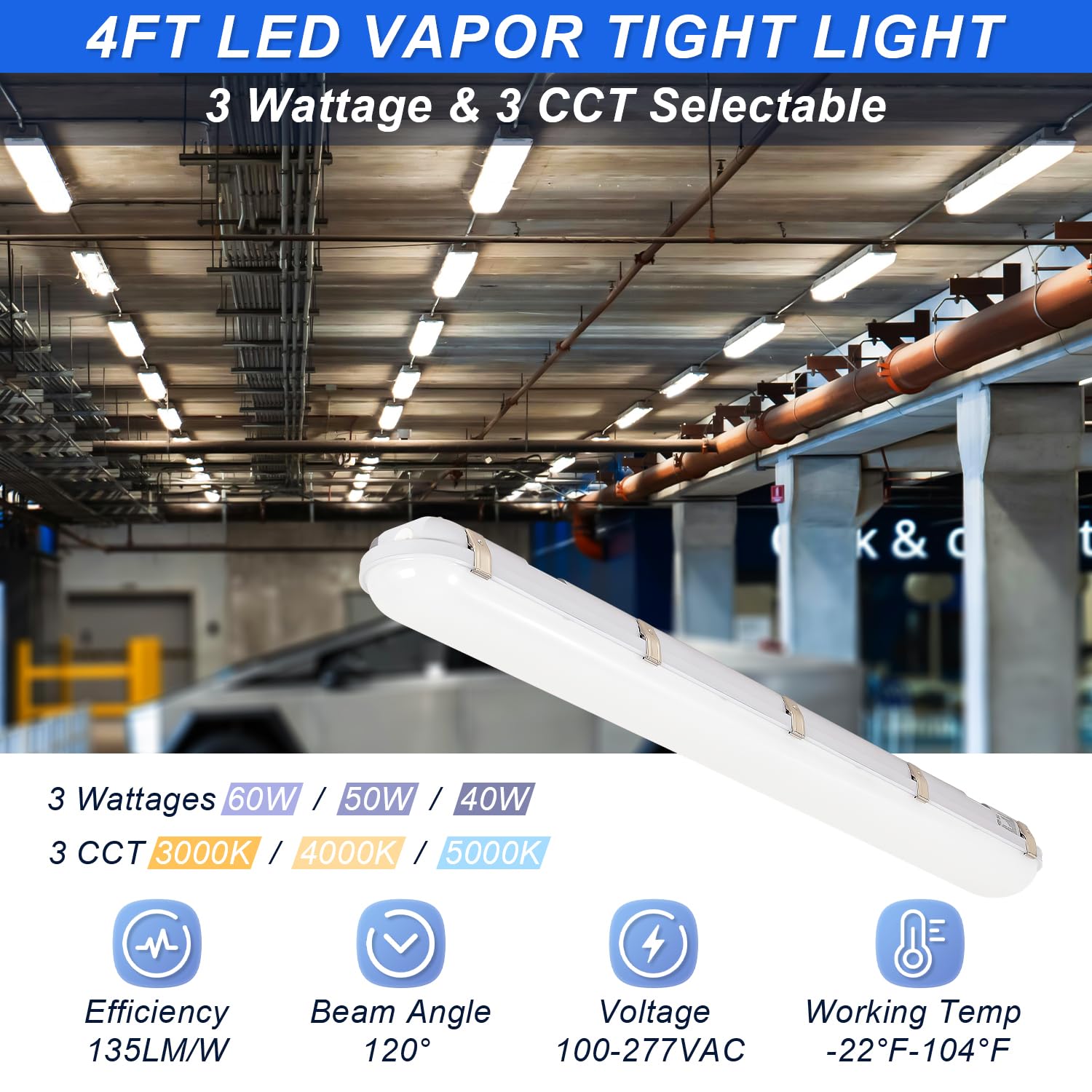 4FT LED Vapor Tight Lights 40W-50W-60W Power Selectable 3CCT 3000K-4000K-5000K Vapor Proof Light IP66 Waterproof LED Shop Light — view 2