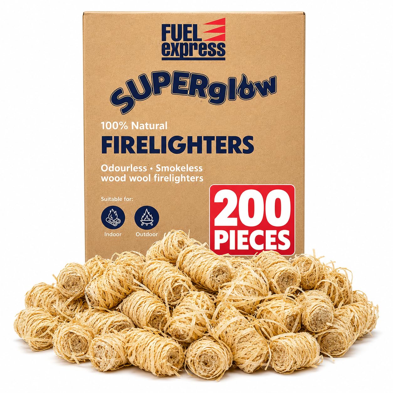 Fuel Express 200 Natural Firelighters, Long Burning Fire Lighters for BBQ, Wood Burners, Pizza Ovens, Open Fires & Fire Pits, Odourless Quick Light Wood Wool Fire Starters