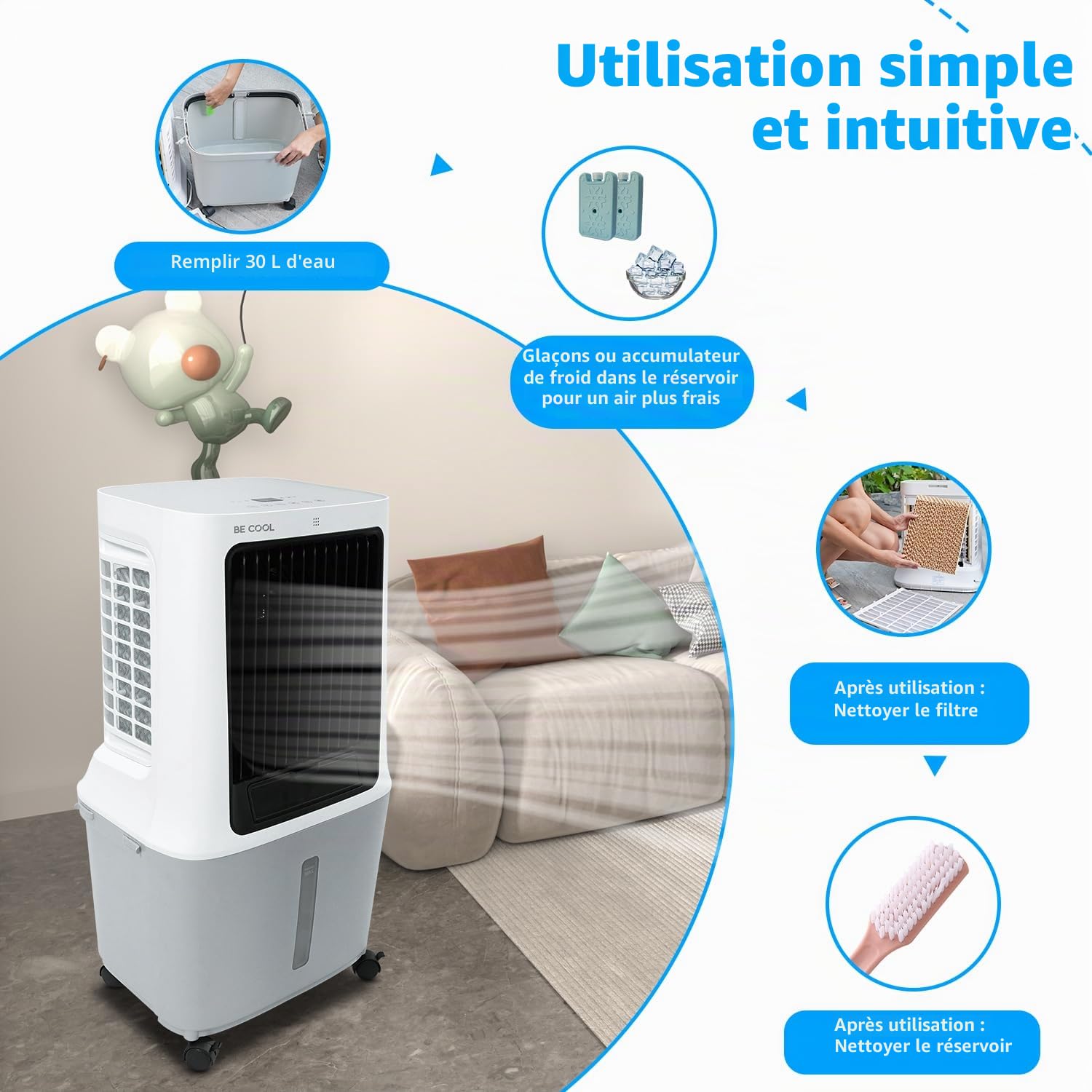 BE COOL BC30ACP2501W Refroidisseur d'air, réservoir d'eau de 30 l, 120 W, contrôle WiFi, circulation de l'air de 1800 m³/h, portée de 15 m, fonction air sec, écran LED, minuterie, télécommande