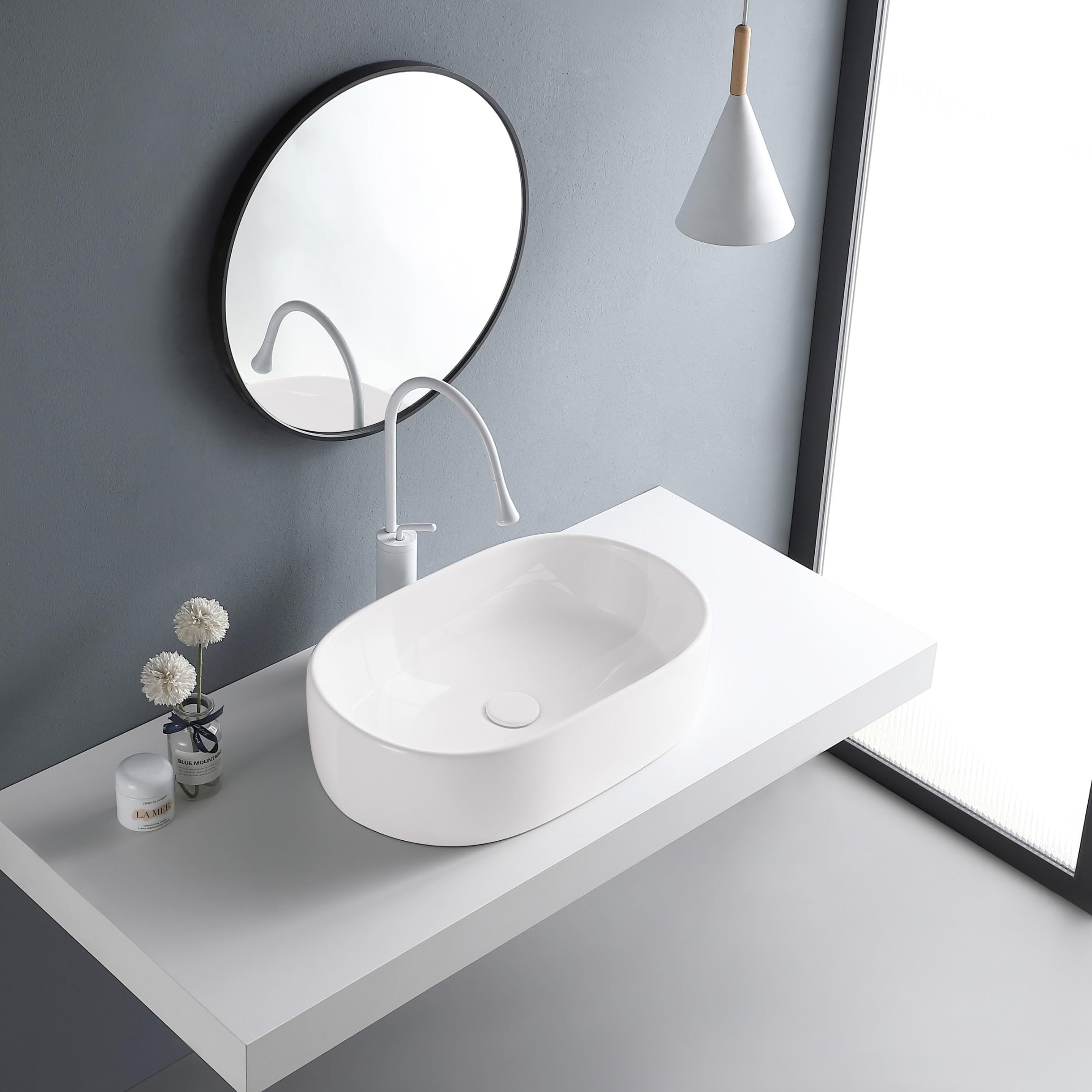 AQUAUNO NAIA Lavabo Ovalado Cerámica Blanca 51 x 31 cm sin Agujero Grifo Rebosadero