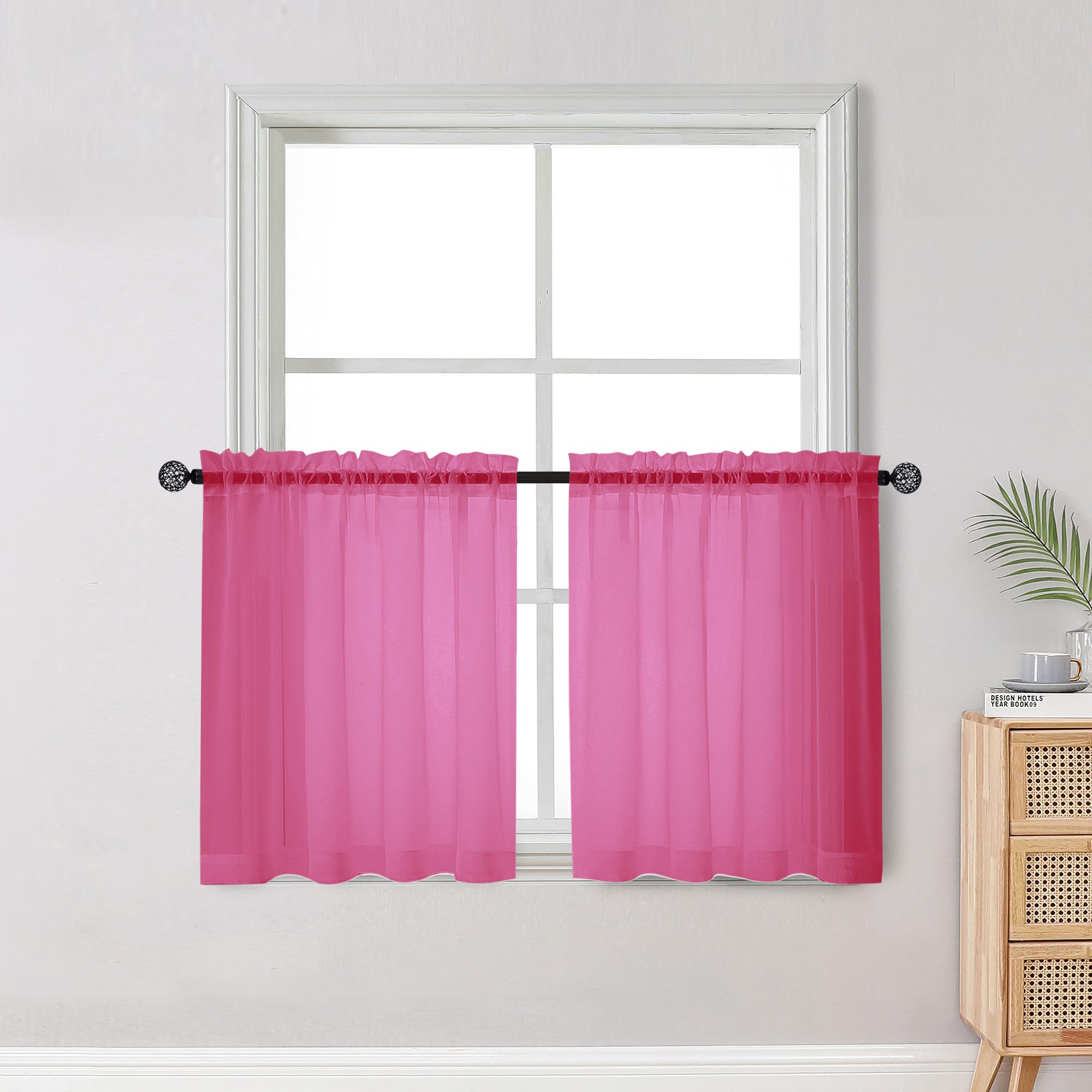 Short Hot Pink Sheer Curtains 30 Inch Length 2 Panels Set, Kitchen Curtains Tiers Light Filtering Rod Pocket Cafe Curtain for Basement Bathroom Small Half Window, 42" W x 30" L, Hot Pink
