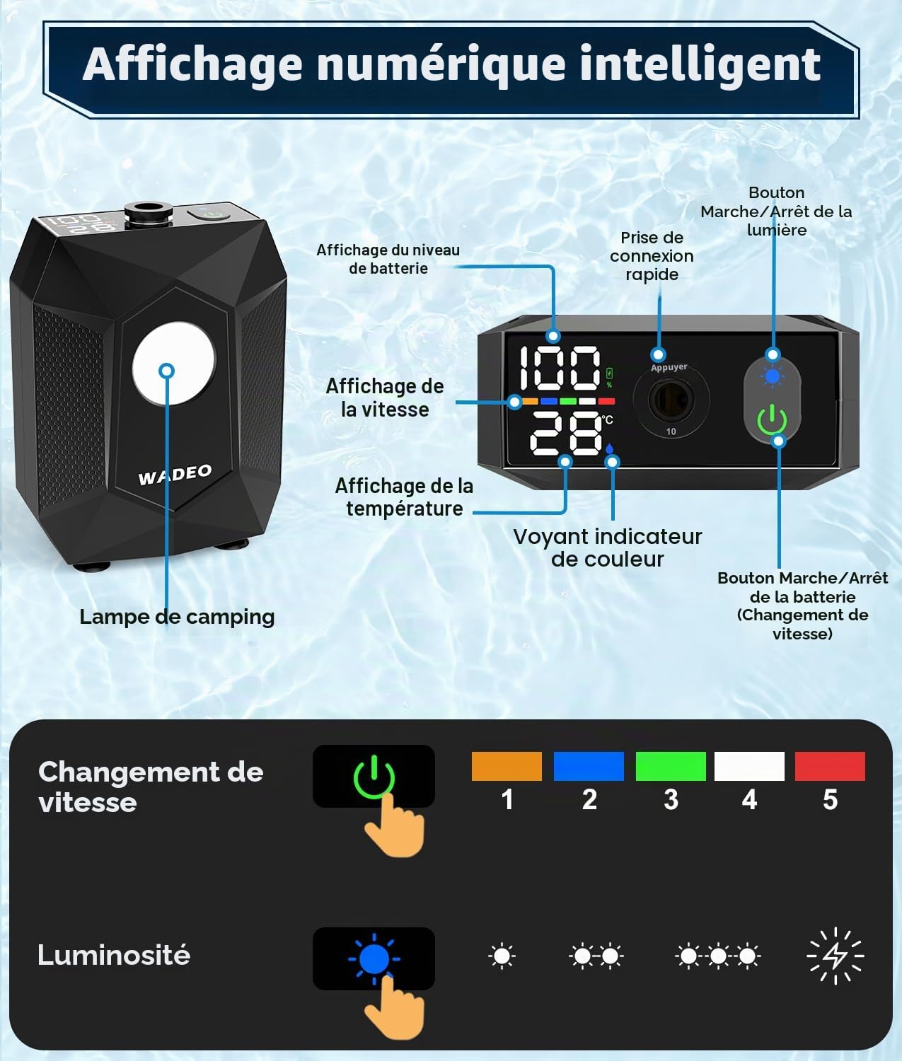 WADEO Douche Portable avec Seau Pliable 20L, Douche de Camping, Pompe Rechargeable 6000mAh, Lumière Intégrée, Étanche IPX8, 5 Modes Pression, Pompe Douche Idéale Randonnée, Voyage, Animaux