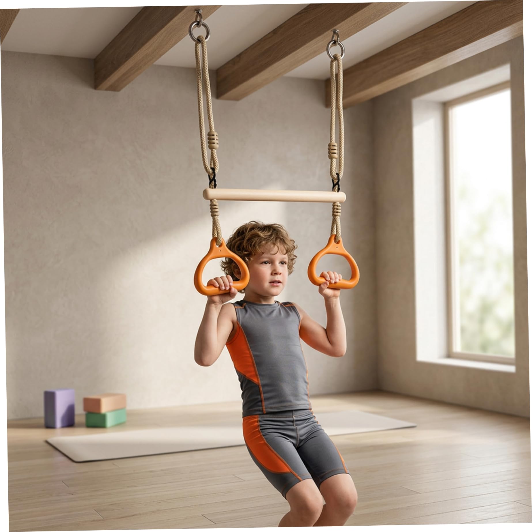 Barra Colgante Infantil Columpio de Trapecio Ajustable con Anillas de Gimnasia para Jugar en Interiores y Exteriores Entrenamiento de Fuerza y Fitness para niños pequeños.