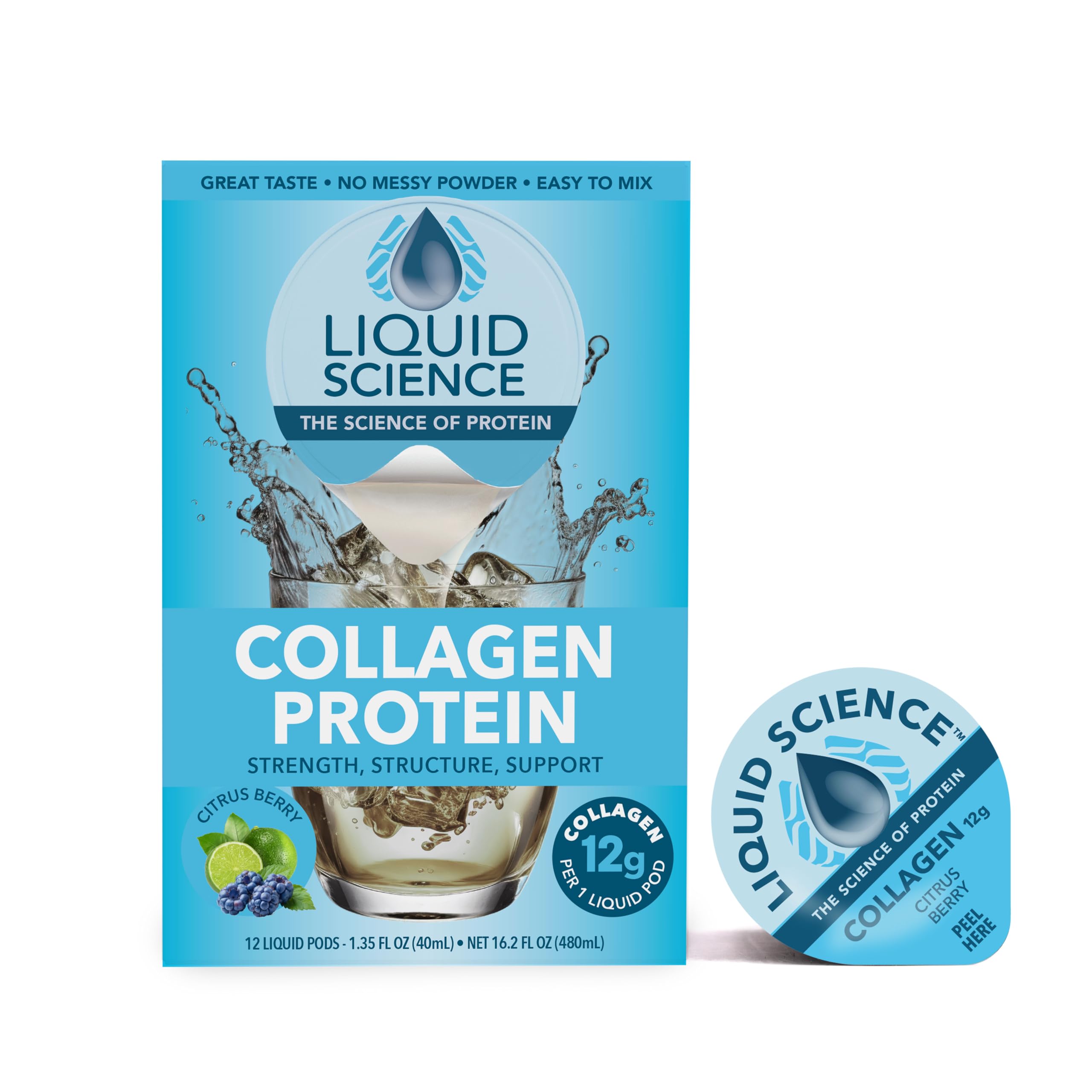 Liquid Science Citrus Berry Collagen Protein Drink Mix Pods, 12-Pack