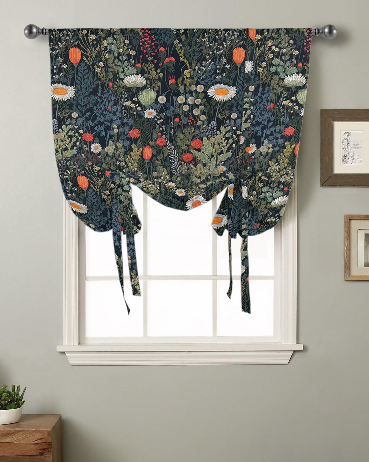 Yukro Tie Up Curtains Window Shades, Vintage Flowers Floral Botanical Leaves Rod Pocket Tie Up Window Shade, Adjustable Balloon Curtain Shade for Blinds Kitchen Bathroom, 1 Panel, 52