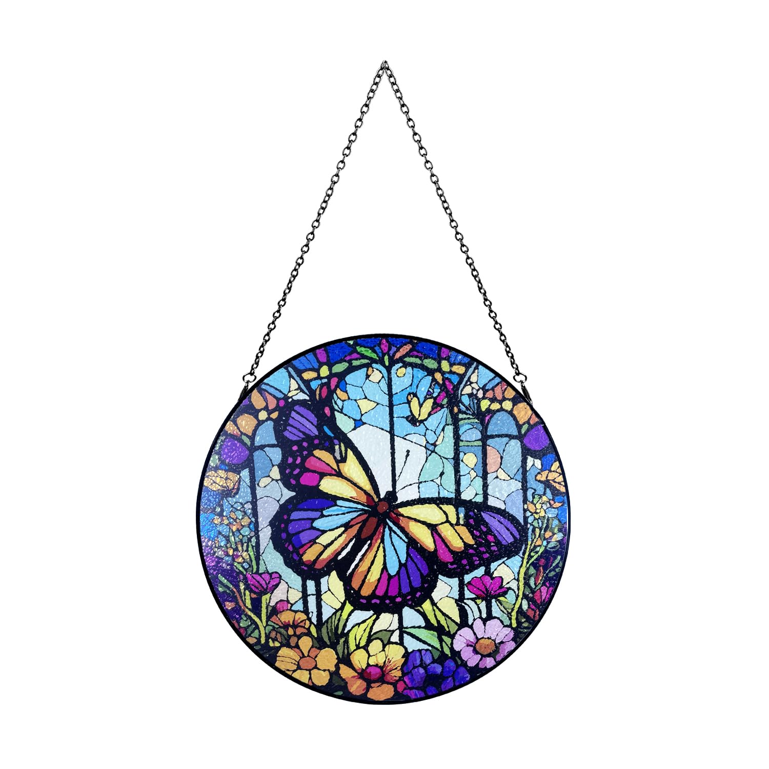 30,5 cm Buntglas, großer Schmetterlings-Dekor, Fensterdekoration, handgefertigt für Fensterdekoration, bemalter Buntglas-Sonnenfänger, mit Metallkette