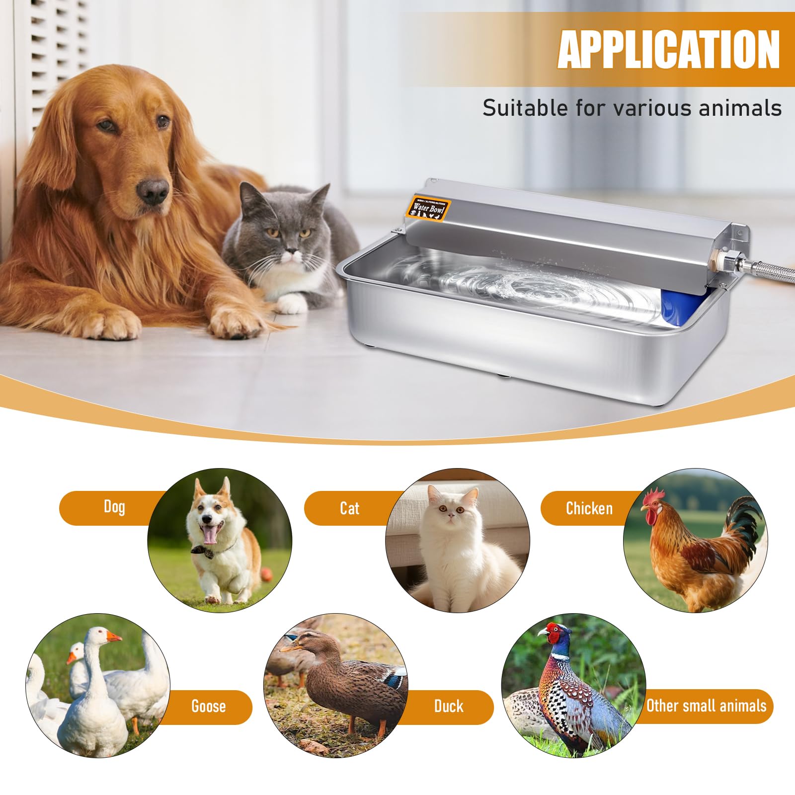 Abbeveratoio Automatico per Cani, Ciotola D'acqua in Acciaio Inox con Tappo di Scarico per Animali Domestici, Abbeveratoio per Cani a Riempimento Automatico per Grandi, Gatti, Polli, Bestiame (6L)